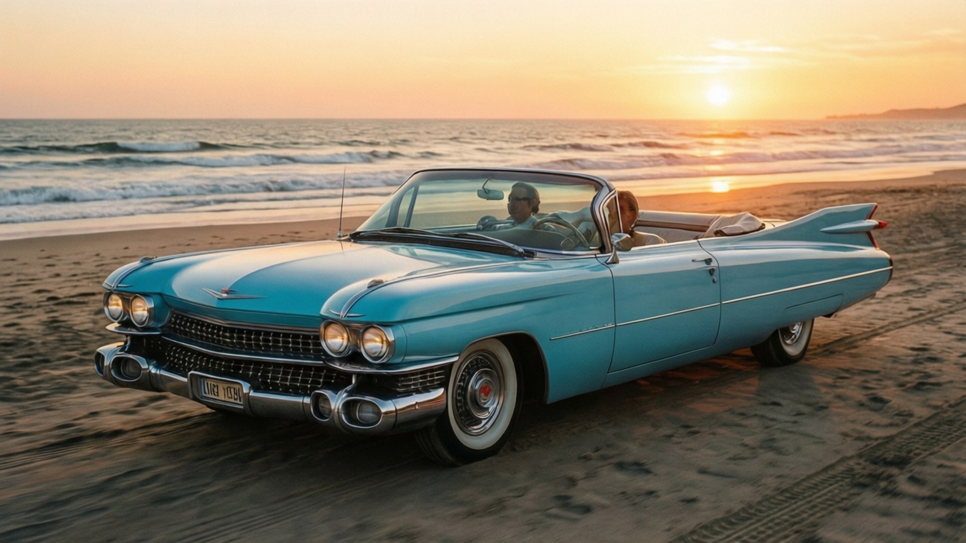 Beach Cruiser Eldorado 壁紙 — 一輛淺藍色1959年凱迪拉克敞篷車在日落時分行駛在沙灘上，身後有海浪翻滾。