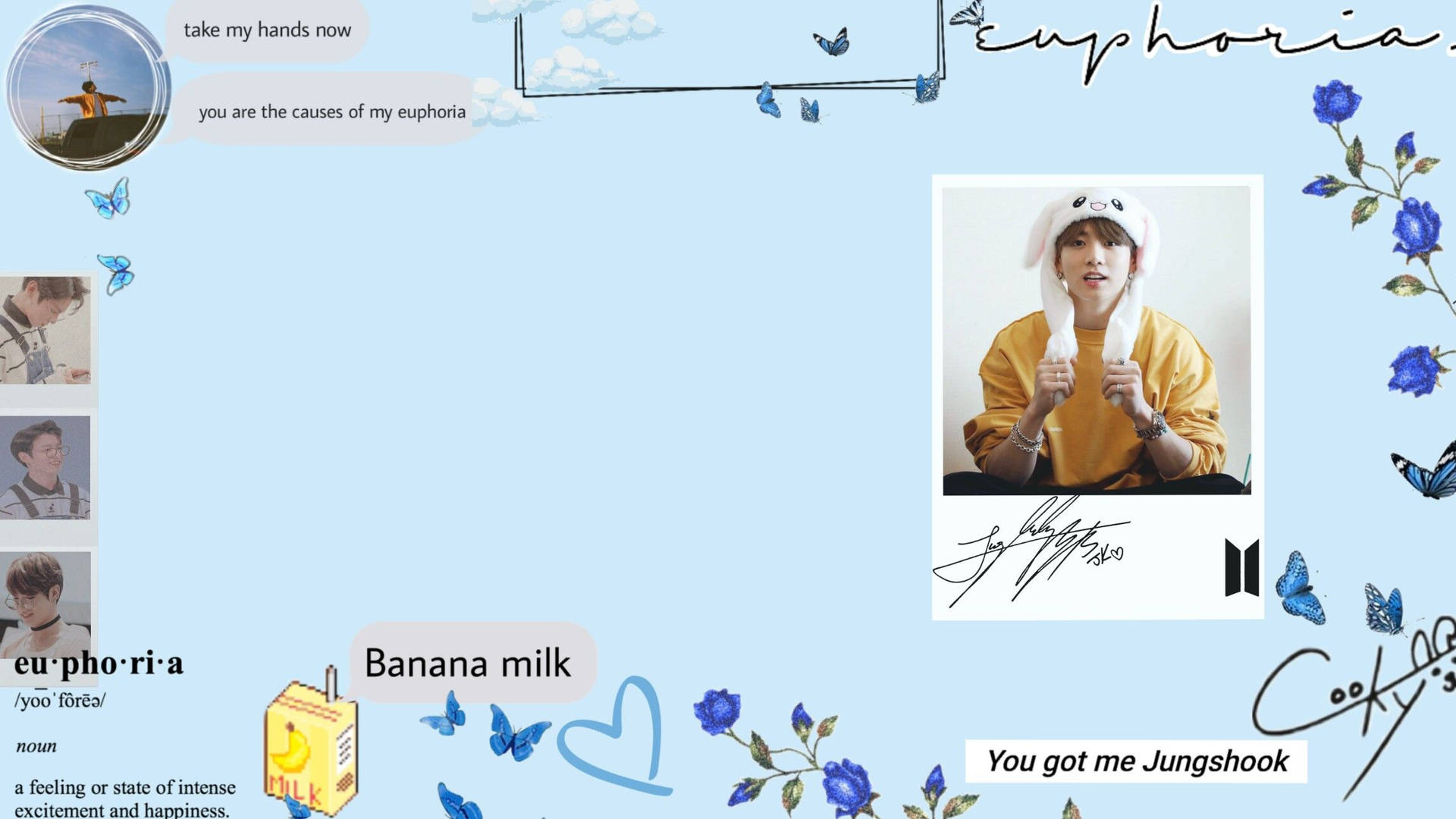 K-pop 粉絲桌布，Jungkook 穿著黃色連帽衫，手持兔耳朵，周圍環繞著蝴蝶和文字。 — Jungkook 壁紙