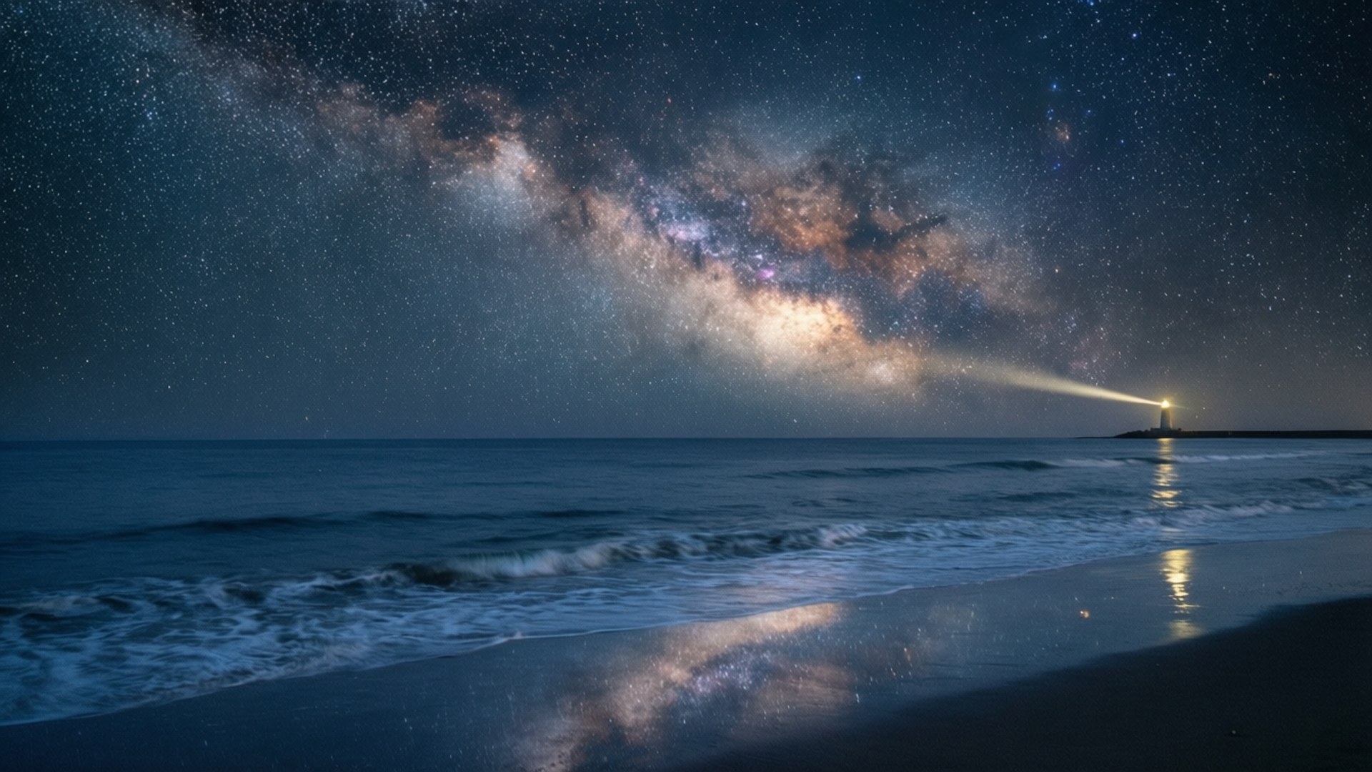 桌布 壁紙 — 燈塔的光芒穿過星空下的海洋，銀河閃爍的弧線之下。