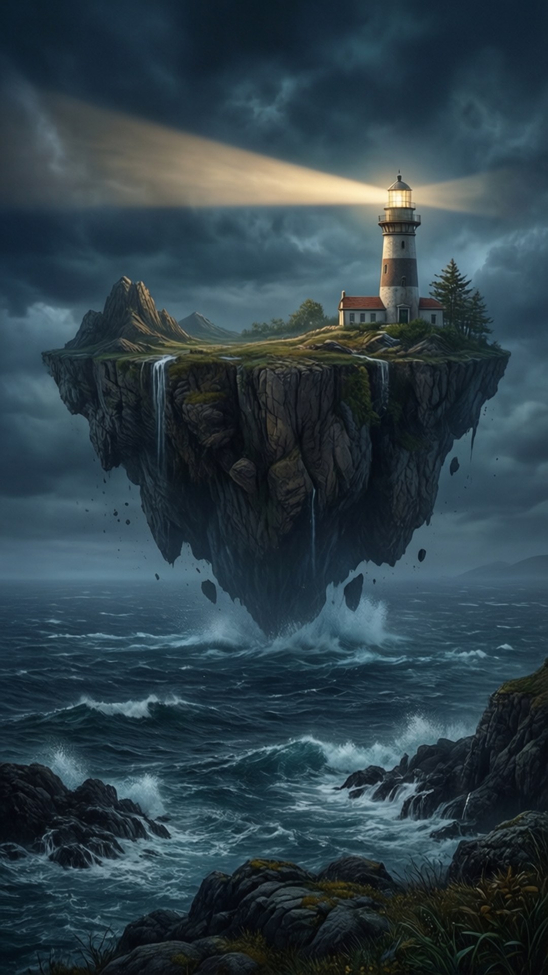 Lighthouse Floating Island 壁紙 — 燈塔從懸浮在波濤洶湧的黑暗海浪之上的浮動懸崖島嶼發出光芒，天空風暴肆虐。