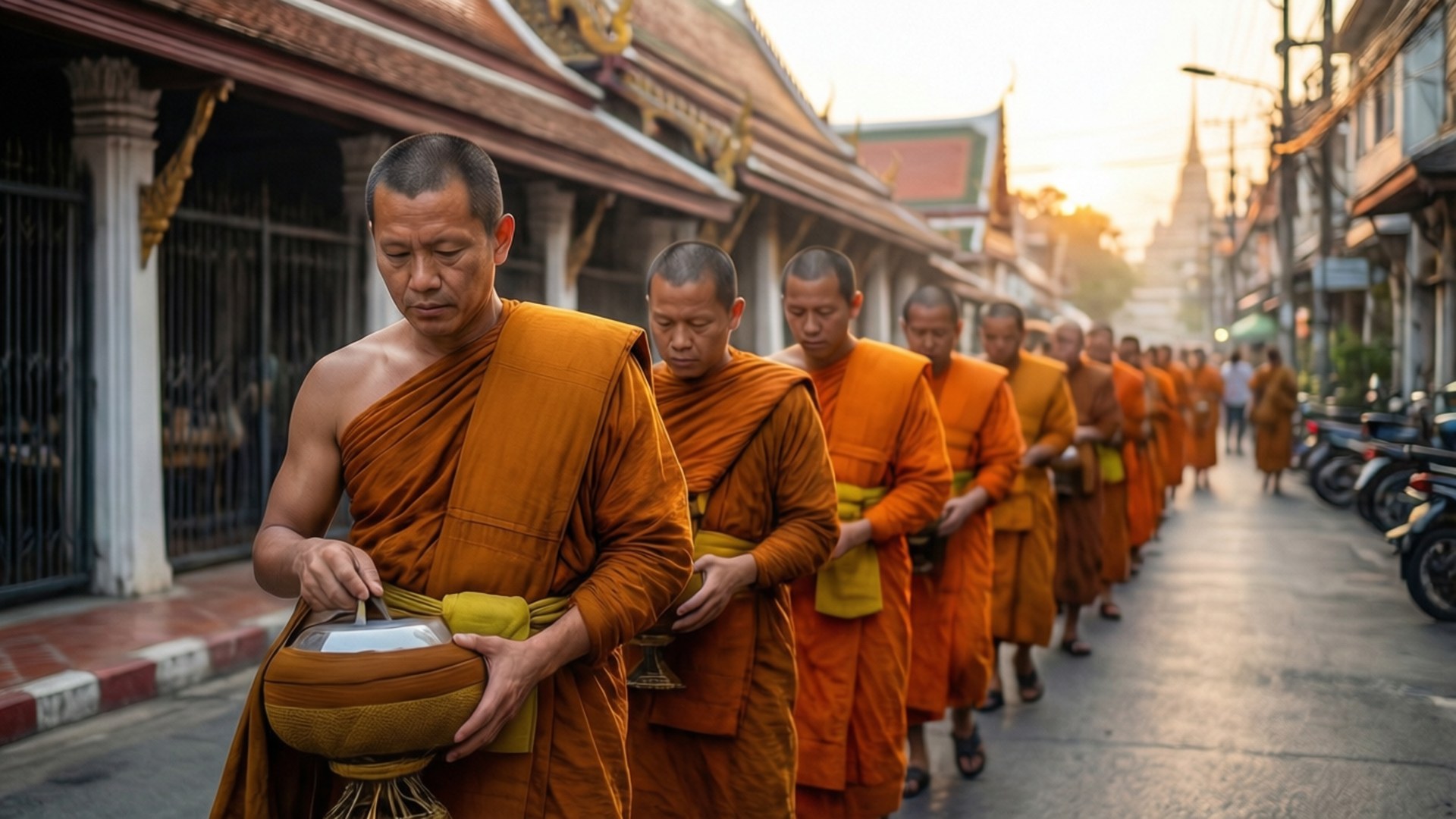 Monks Alms at Dawn 壁紙 — 一排身穿藏紅色僧袍的佛教僧侶在日出時沿街化緣。