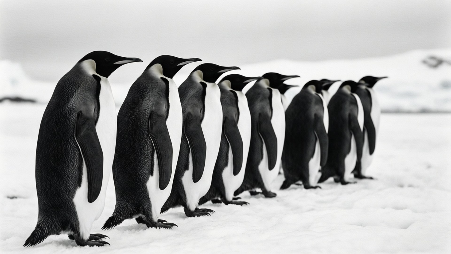 King Penguin Procession 壁紙 — 一排皇帝企鵝在陰天的雪地南極平原上排成隊形。