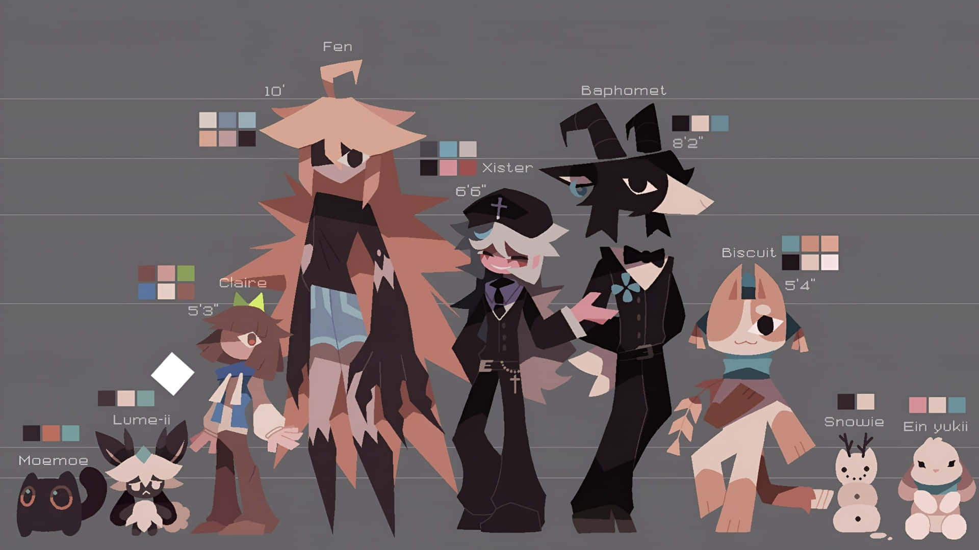  壁紙 — 一排風格化的擬人化角色，附有高度和色票，顯示在灰色網格背景上。