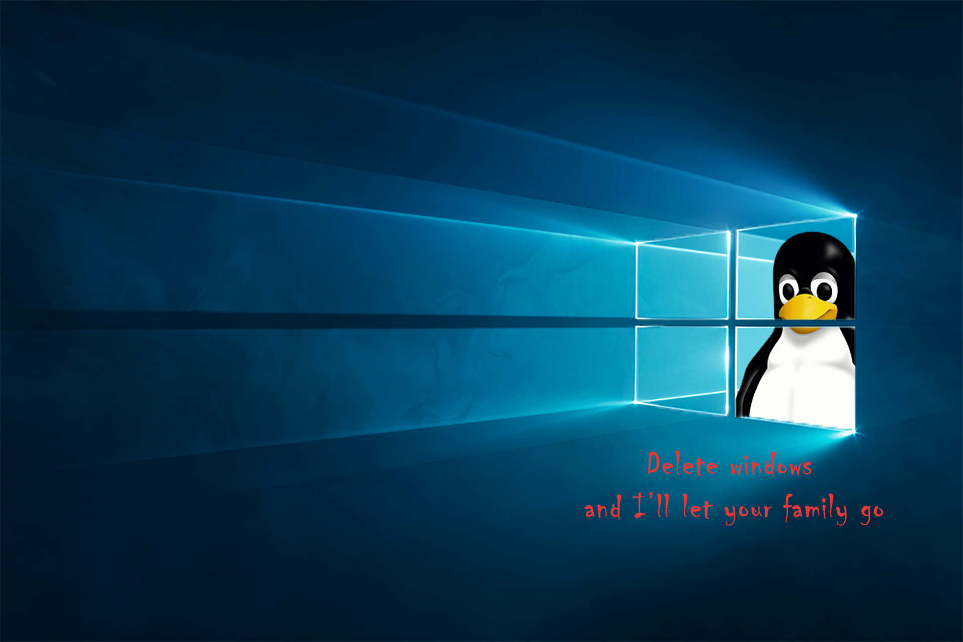 Windows標誌窗口中的Linux企鵝及勒索訊息。 — Linux 壁紙