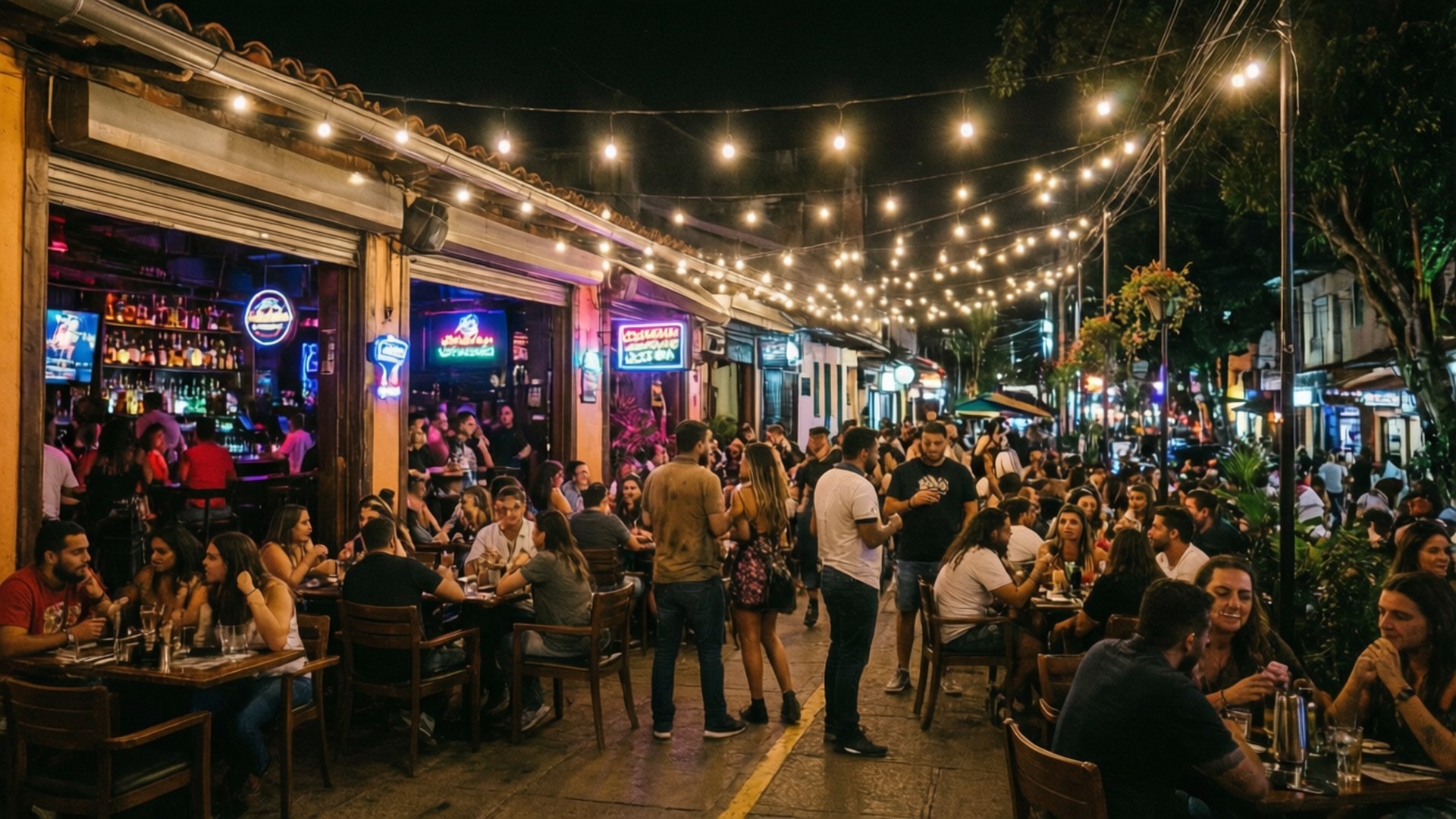 Parque Lleras Nightlife 壁紙 — 一個熱鬧的夜晚街景，人們在戶外咖啡館的燈串下用餐和社交。