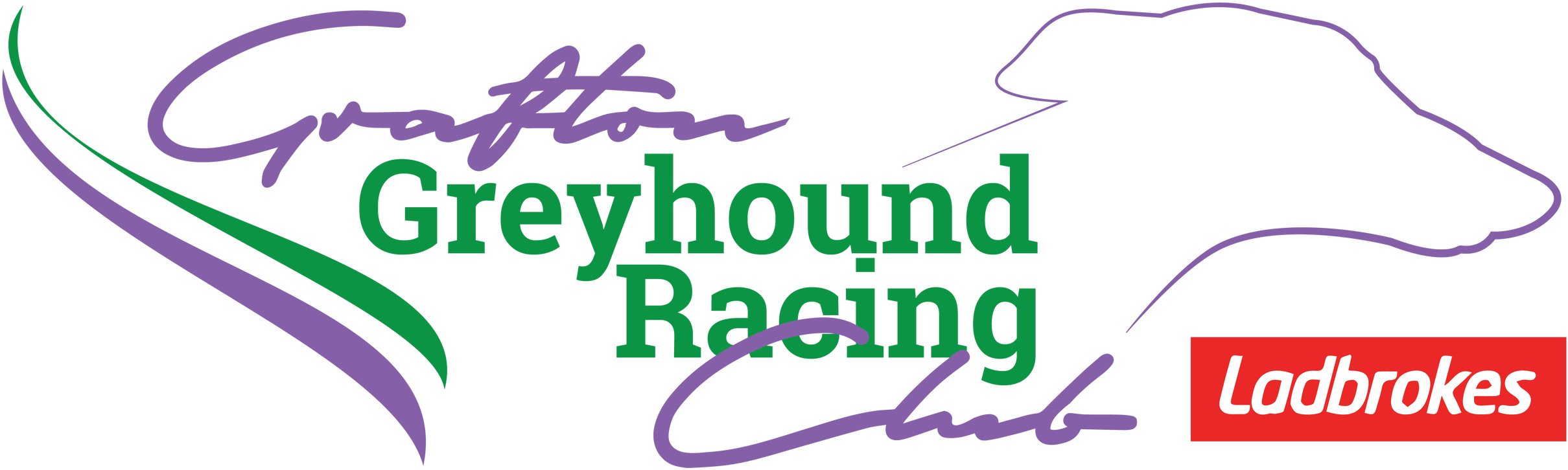 灰狗 桌布 壁紙 — Grafton Greyhound Racing Club 的標誌，帶有紫綠色文字和黑色背景上的灰狗剪影。