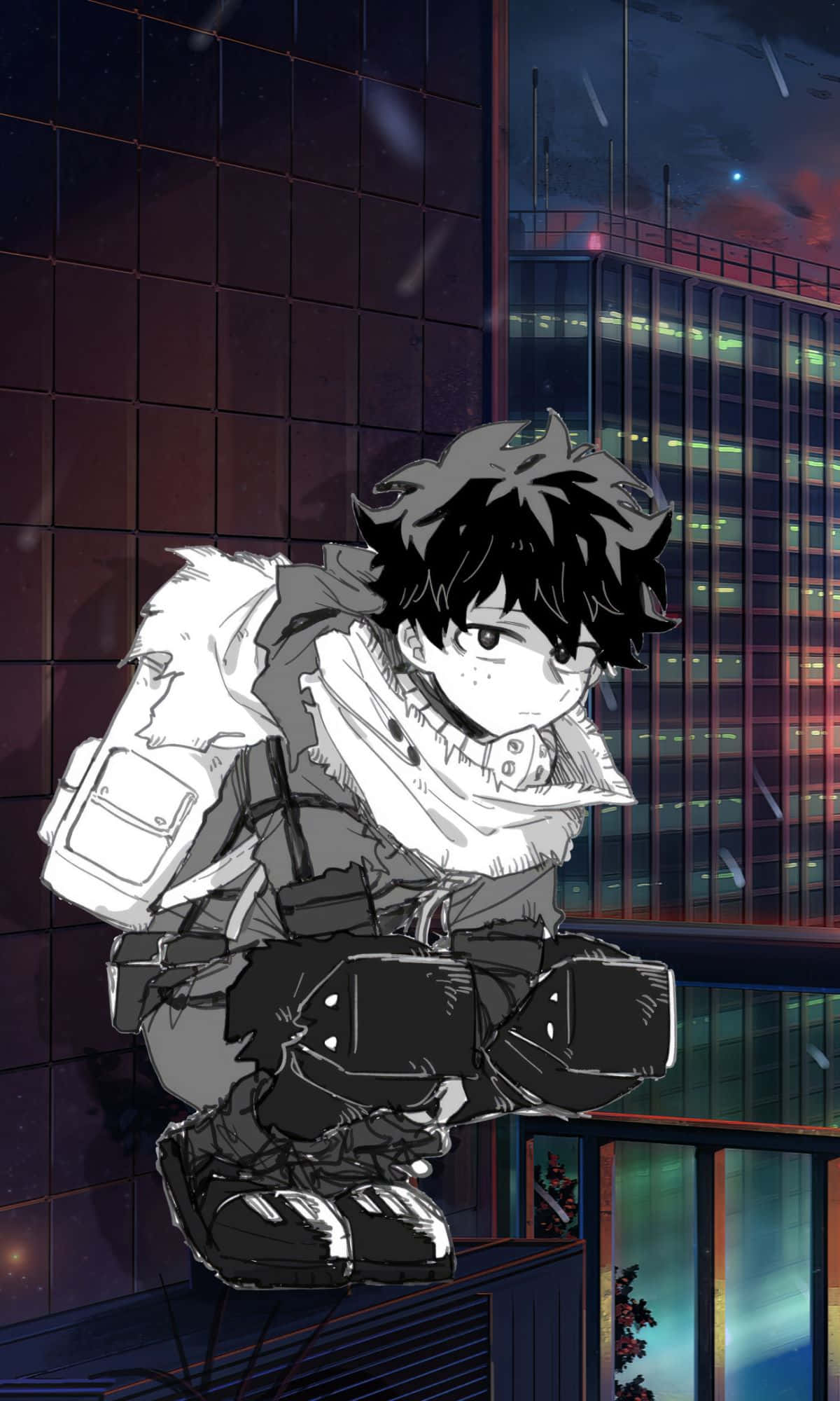 Dark Deku 桌布 壁紙 — 一個孤獨的動漫男孩穿著戰術裝備，在夜晚霓虹燈照亮的城市景觀中蹲在屋頂上。