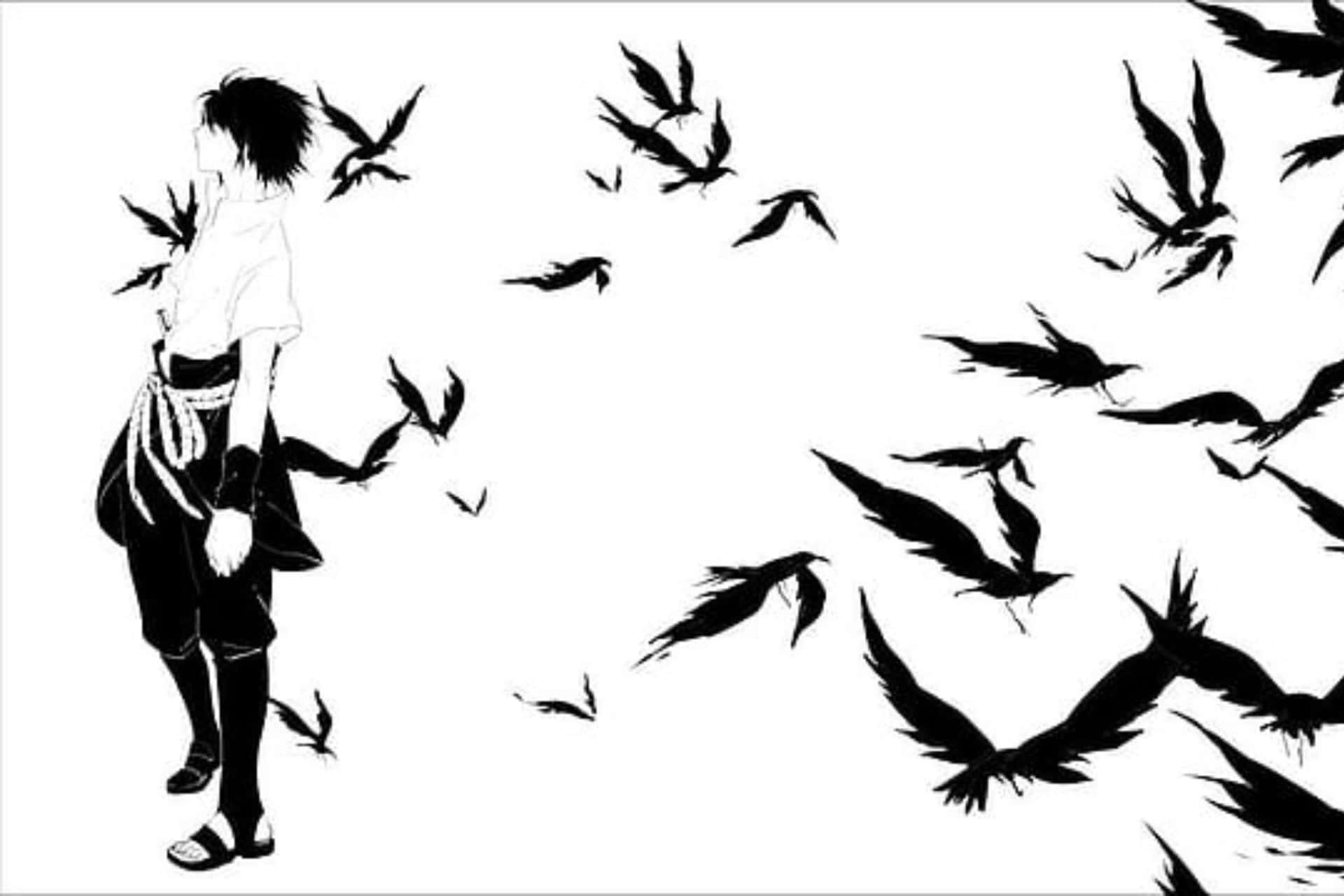  壁紙 — 一個孤獨的動漫男孩站在純白背景前，一群黑鳥在他周圍動態盤旋。