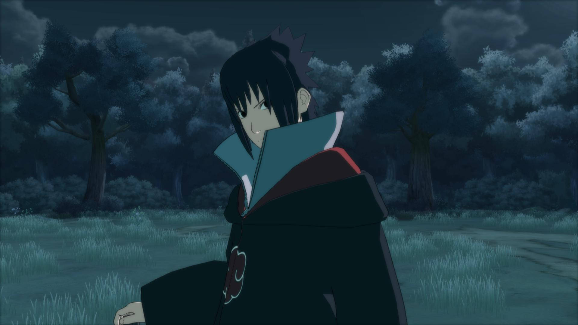 動漫角色穿著黑色斗篷夜晚站在森林中 — Sasuke 壁紙