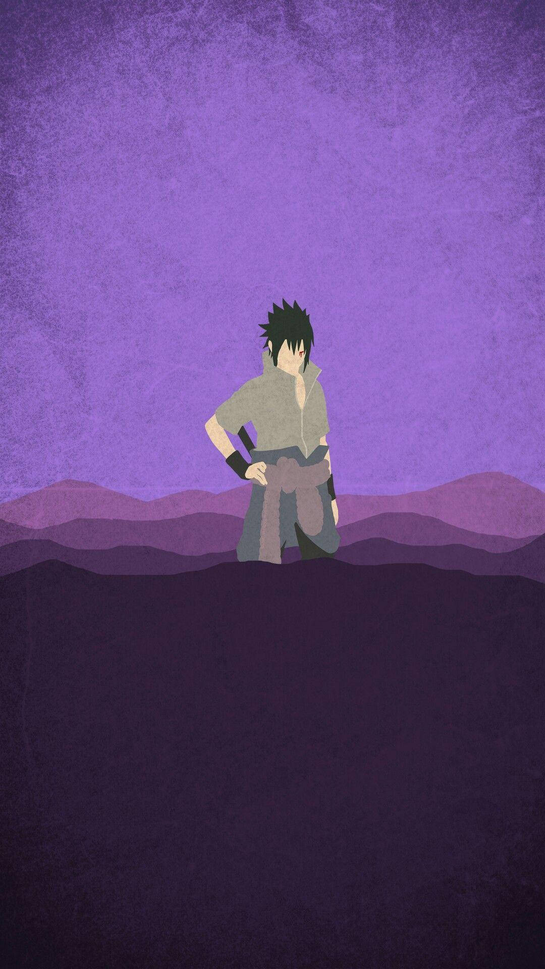 動漫忍者角色站在紫色山脈剪影上，襯托著紫羅蘭色天空。 — Sasuke 壁紙