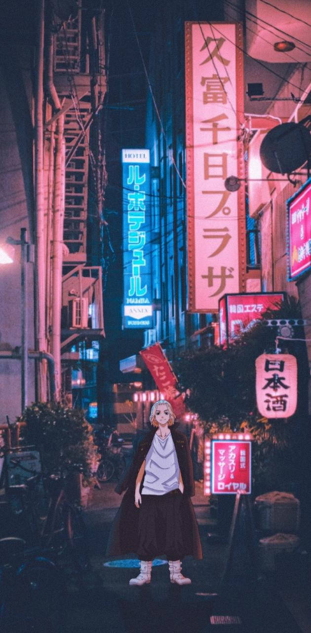 動漫角色在霓虹燈照亮的小巷中，夜晚與發光招牌相伴。 — Mikey Tokyo Revengers 壁紙