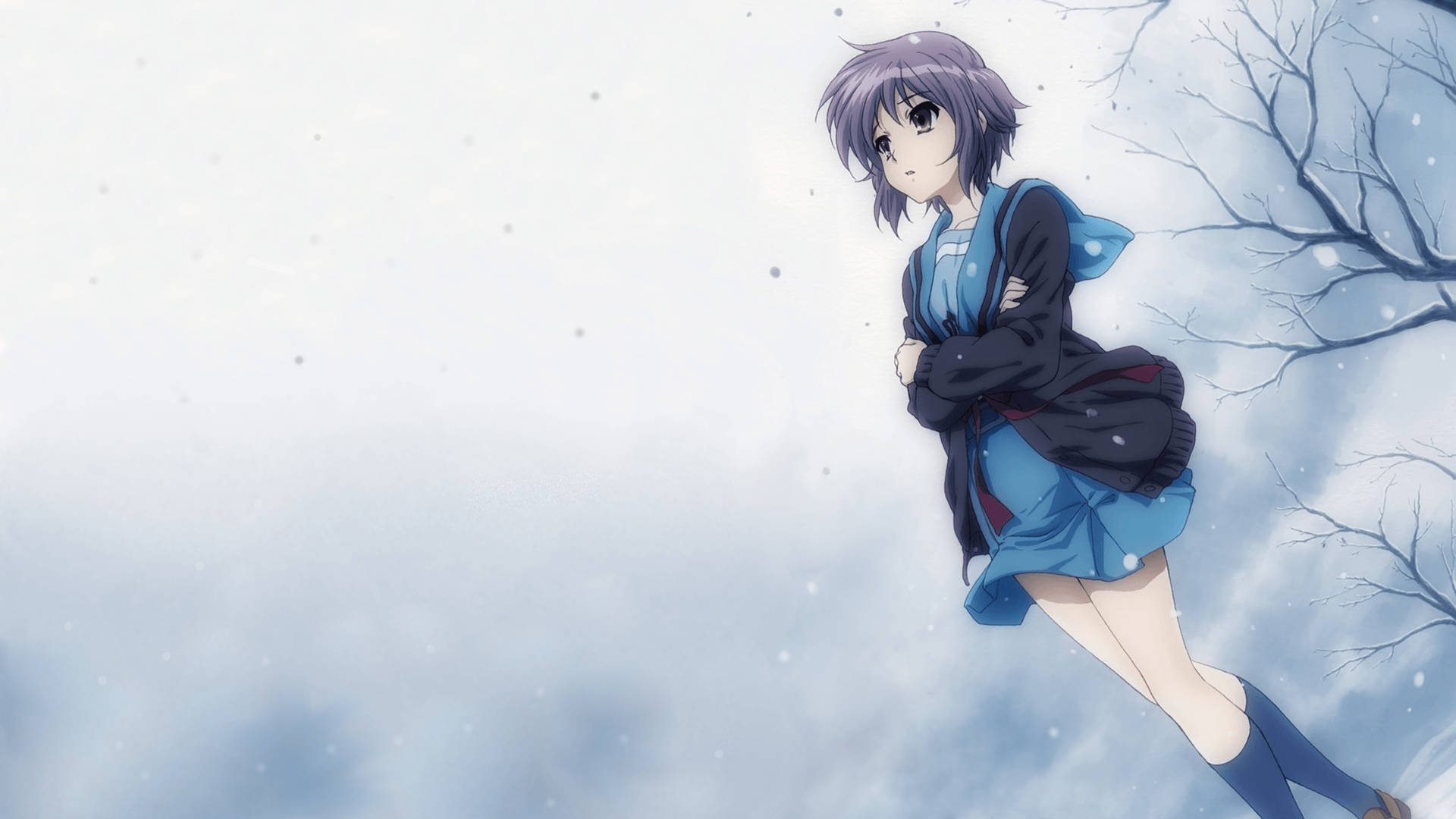 動漫女孩穿著藍色校服，站在雪景冬日場景中，周圍是光禿禿的樹木。 — 4K 壁紙