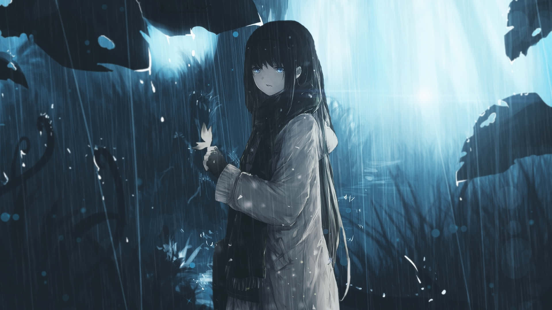 Slate Blue 桌布 壁紙 — 一個孤獨的動漫女孩穿著雨衣，站在發光的藍天下，在落雨和黑暗漂浮形狀中拿著一朵發光的花。