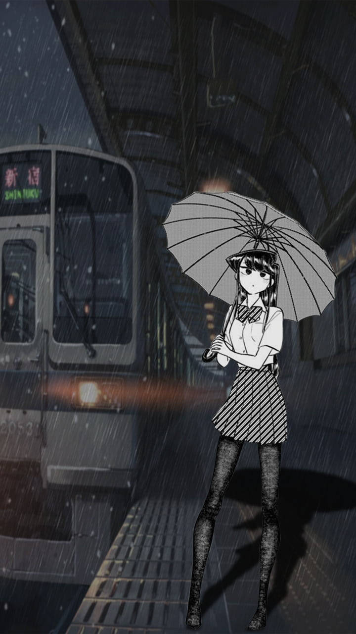 動漫女孩在雨夜的火車站撐著雨傘。 — 日本動漫 壁紙