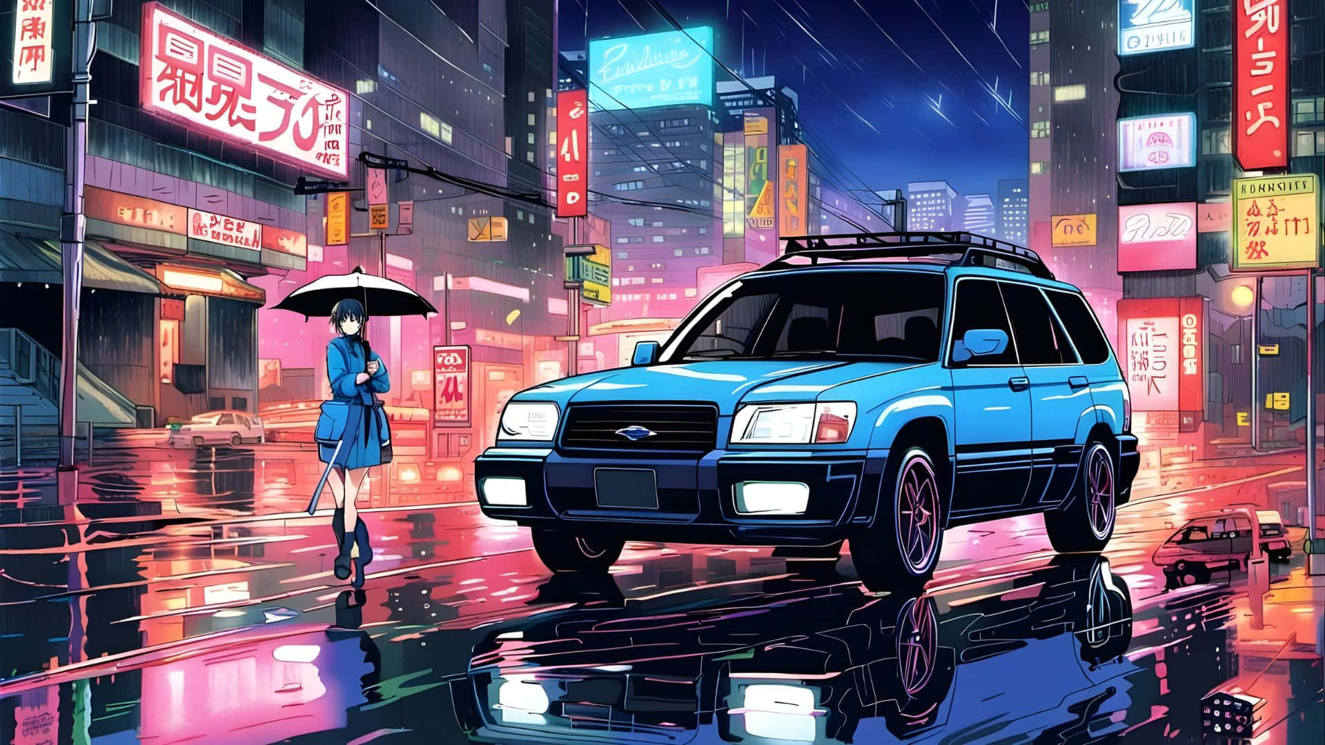  壁紙 — 一個孤獨的動漫女孩撐著傘，在夜晚走過一輛發光的藍色SUV，背景是霓虹燈閃爍的東京雨街。