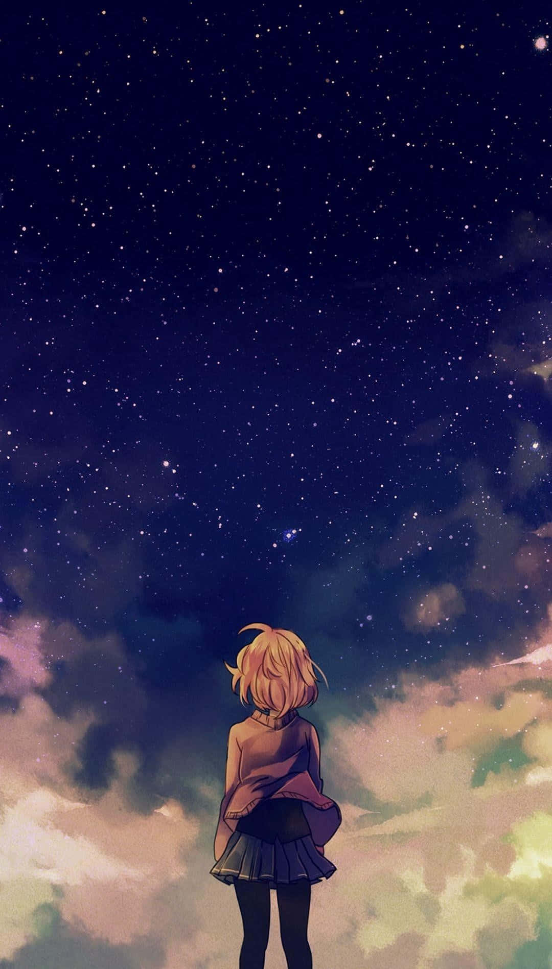  壁紙 — 一個孤獨的金髮動漫女孩仰望廣闊的星空，夜空充滿了閃爍的星星和色彩斑斕的雲彩。