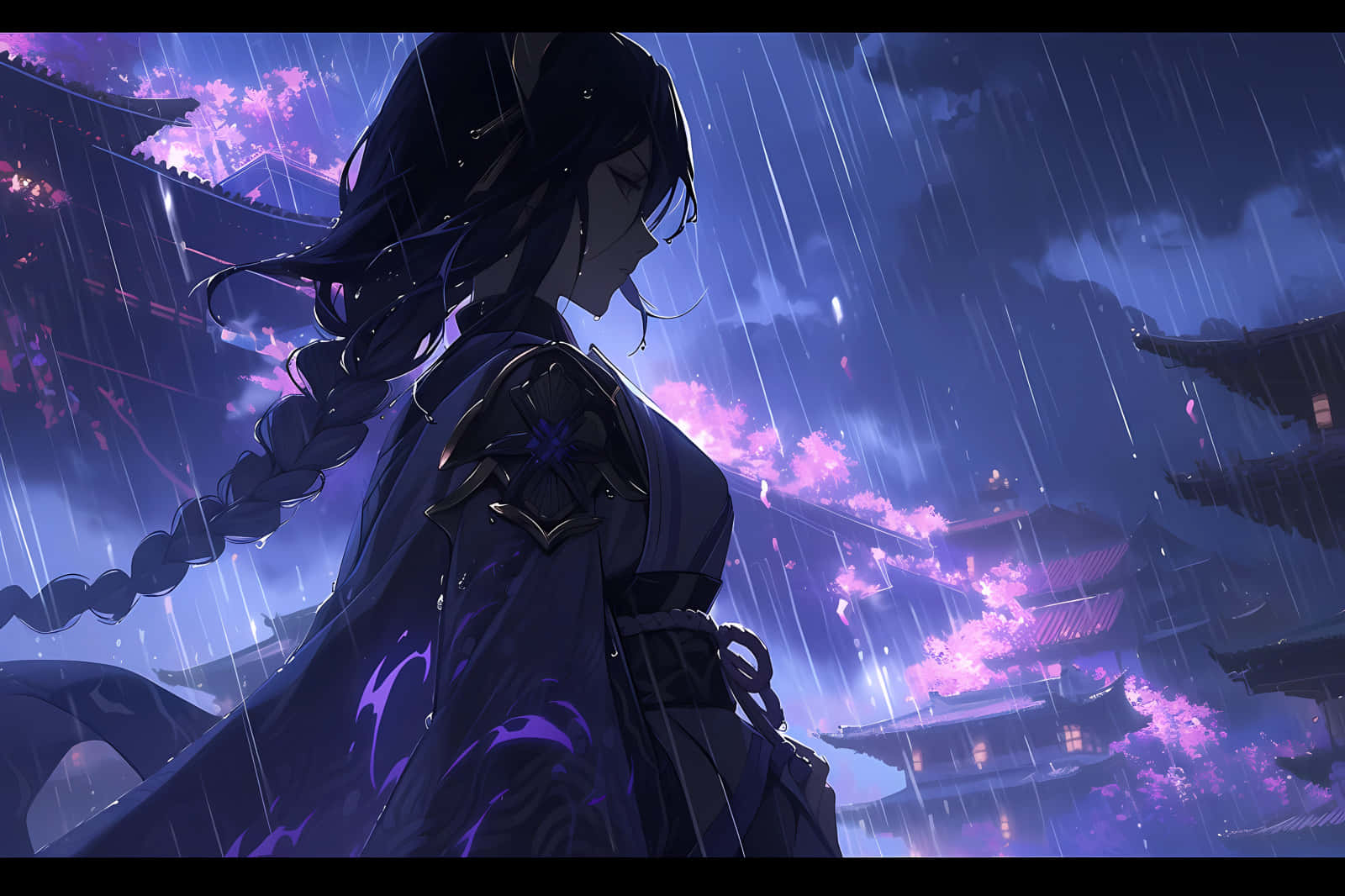  壁紙 — 一個孤獨的辮子動畫女孩站在雨中，在傳統建築附近發光的紫色櫻花下。