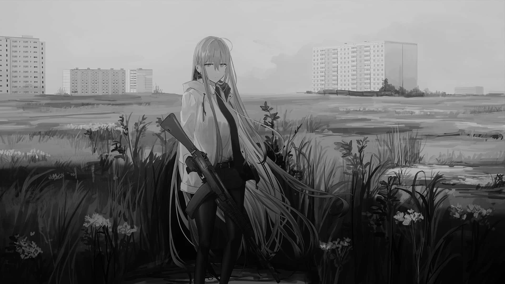  壁紙 — 一個孤獨的長髮動漫女孩站在高高的草叢中，手持步槍，遠處是灰色天空下的公寓大樓。