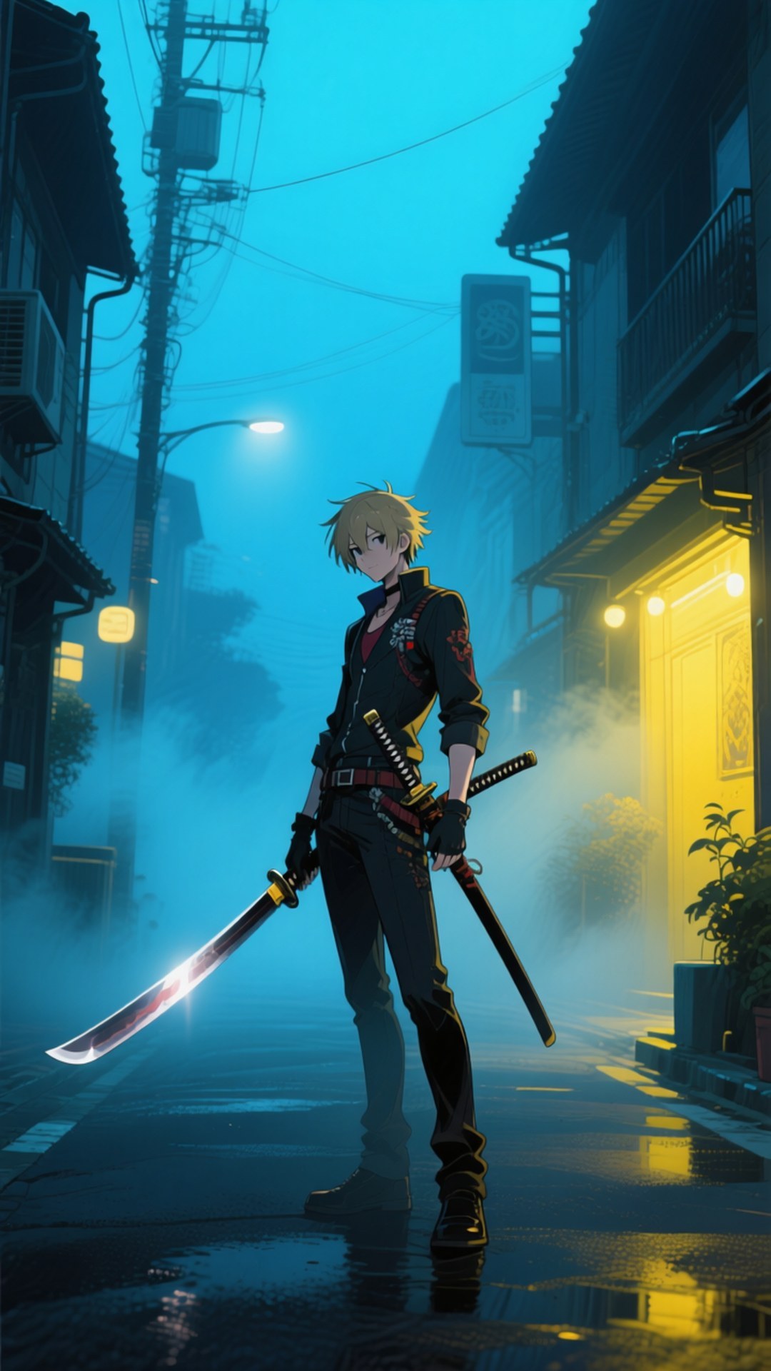 Foggy Inaba Samurai 壁紙 — 一個孤獨的動漫劍士站在霧氣瀰漫、霓虹燈閃爍的小巷中，夜晚在發光的街燈下手持兩把武士刀。