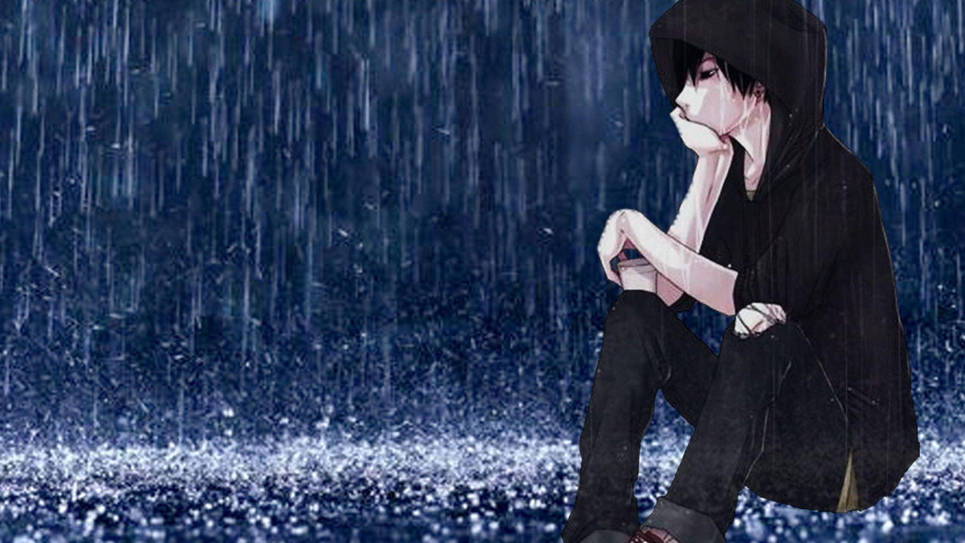 動漫角色穿著黑色連帽衫獨自坐在下雨的藍色場景中。 — 4K 壁紙