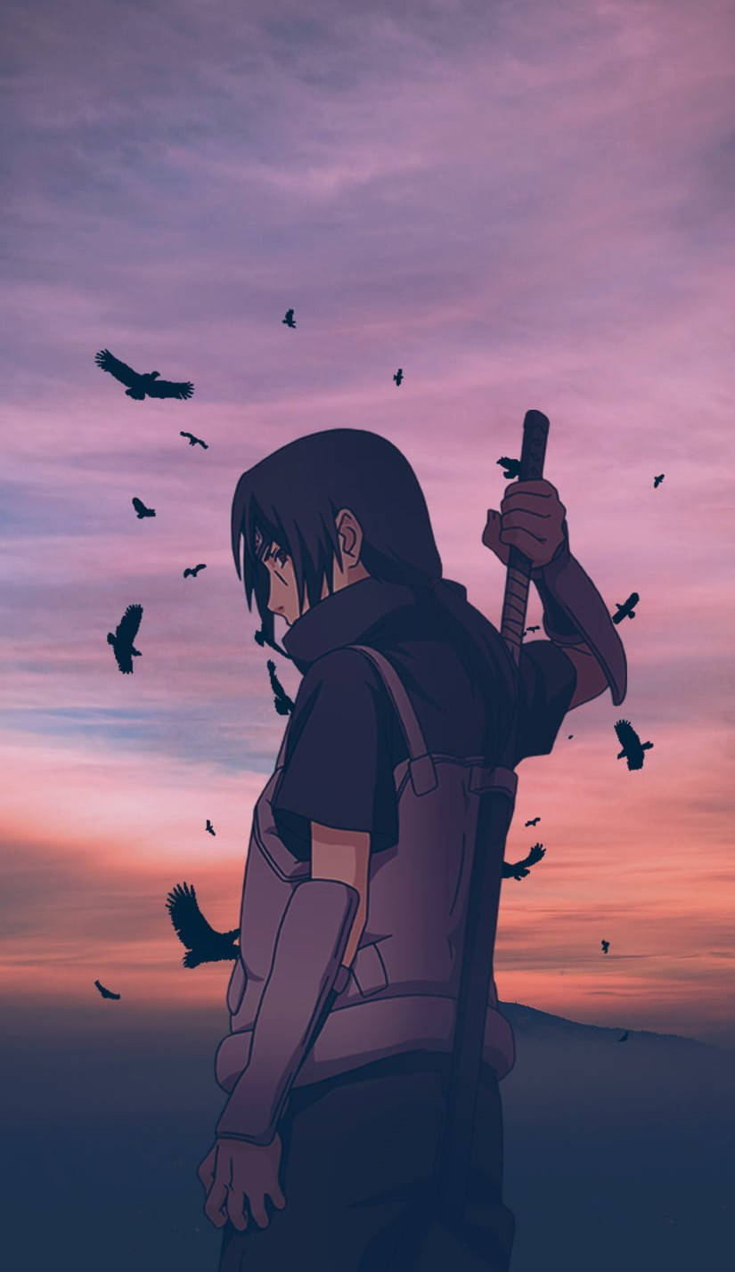動漫戰士在暮色中被烏鴉包圍，手持劍。 — Sasuke 壁紙