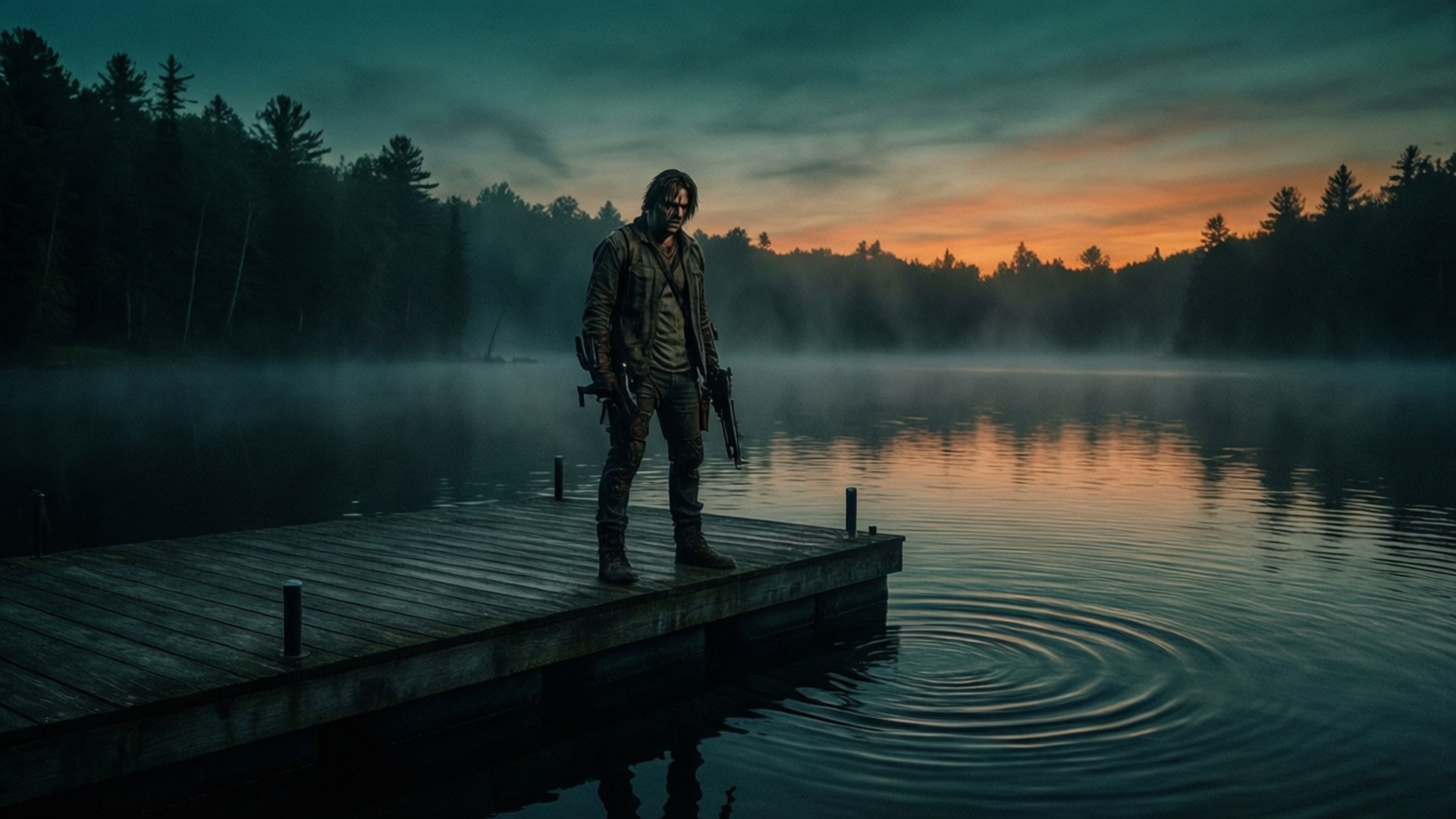 Alan Wake 2 桌布 壁紙 — 黎明時分，一個孤獨的武裝身影站在霧氣瀰漫的木碼頭上，以平靜水面倒映出的火橙色和藍綠色天空為背景，形成剪影。