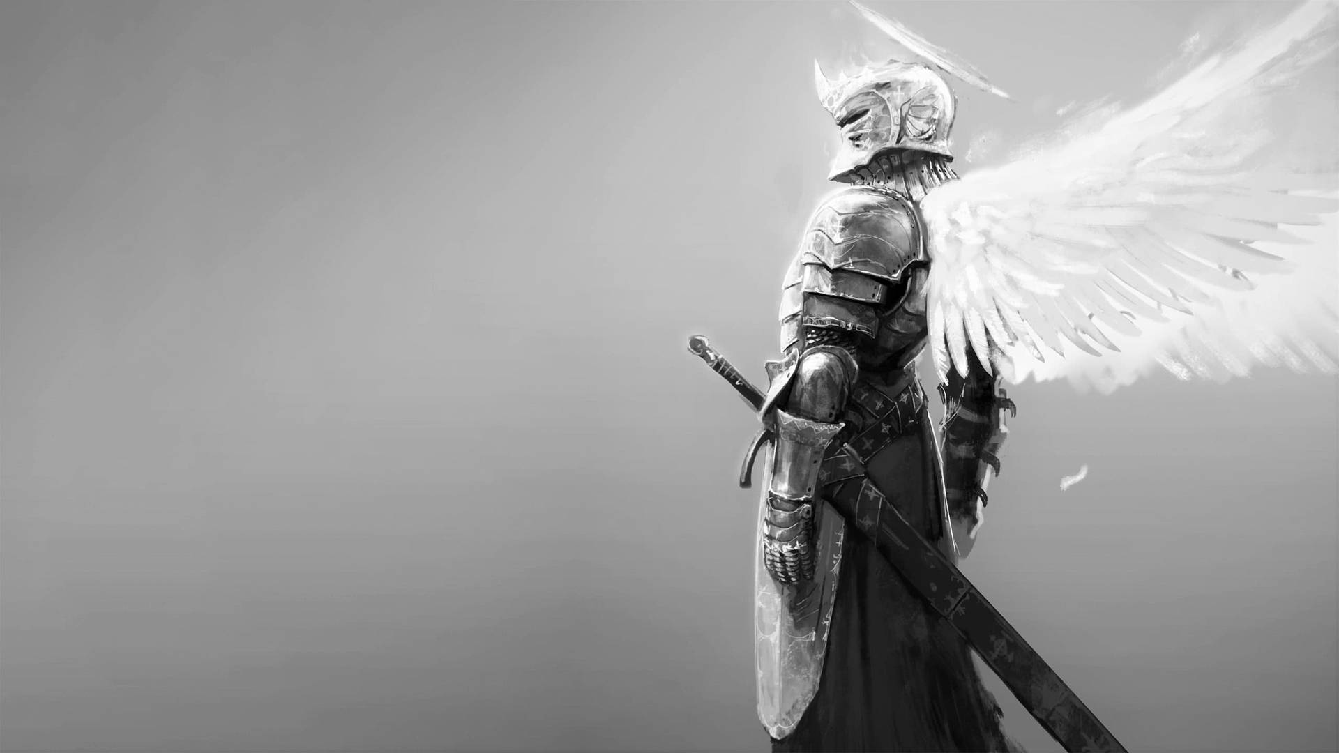 一個有翼的裝甲人物，以灰階手持劍。 — 1440P 壁紙