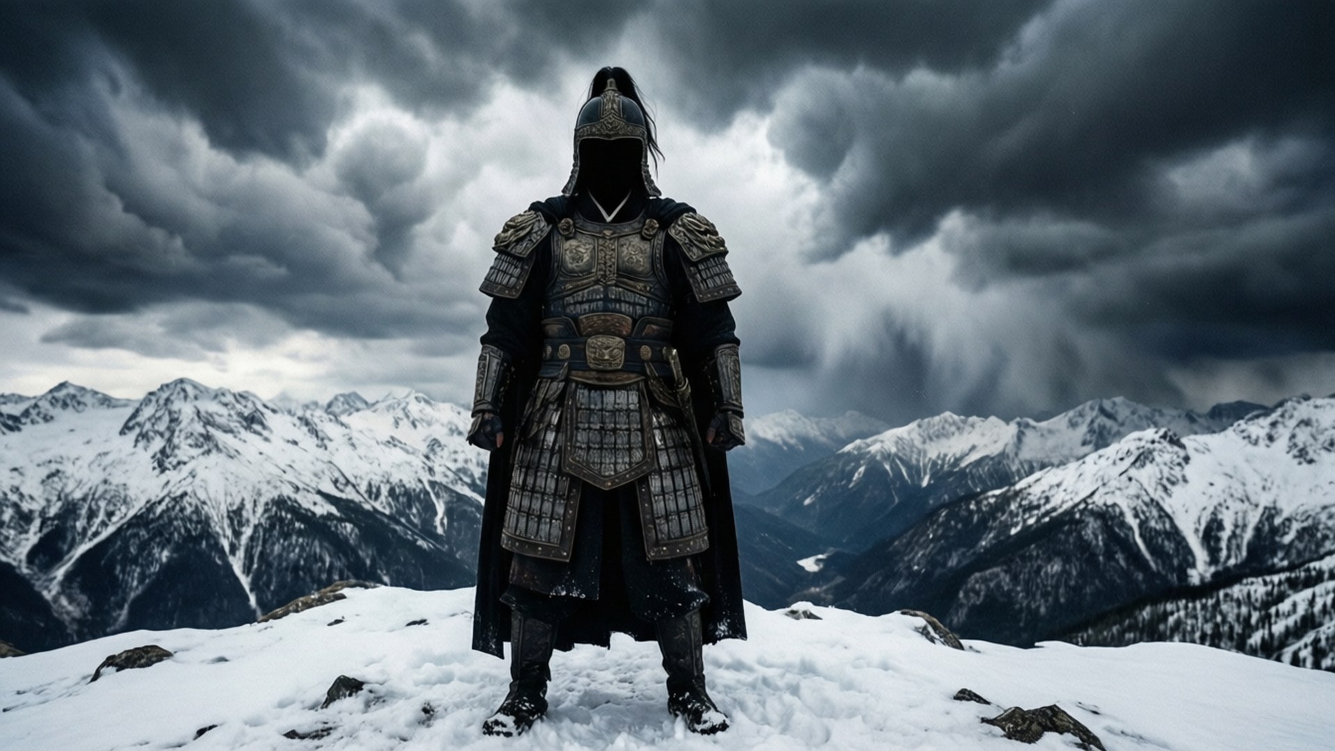 Guardian of the Peak 壁紙 — 一個孤獨的裝甲戰士站在白雪覆蓋的山頂上，天空陰暗風暴。