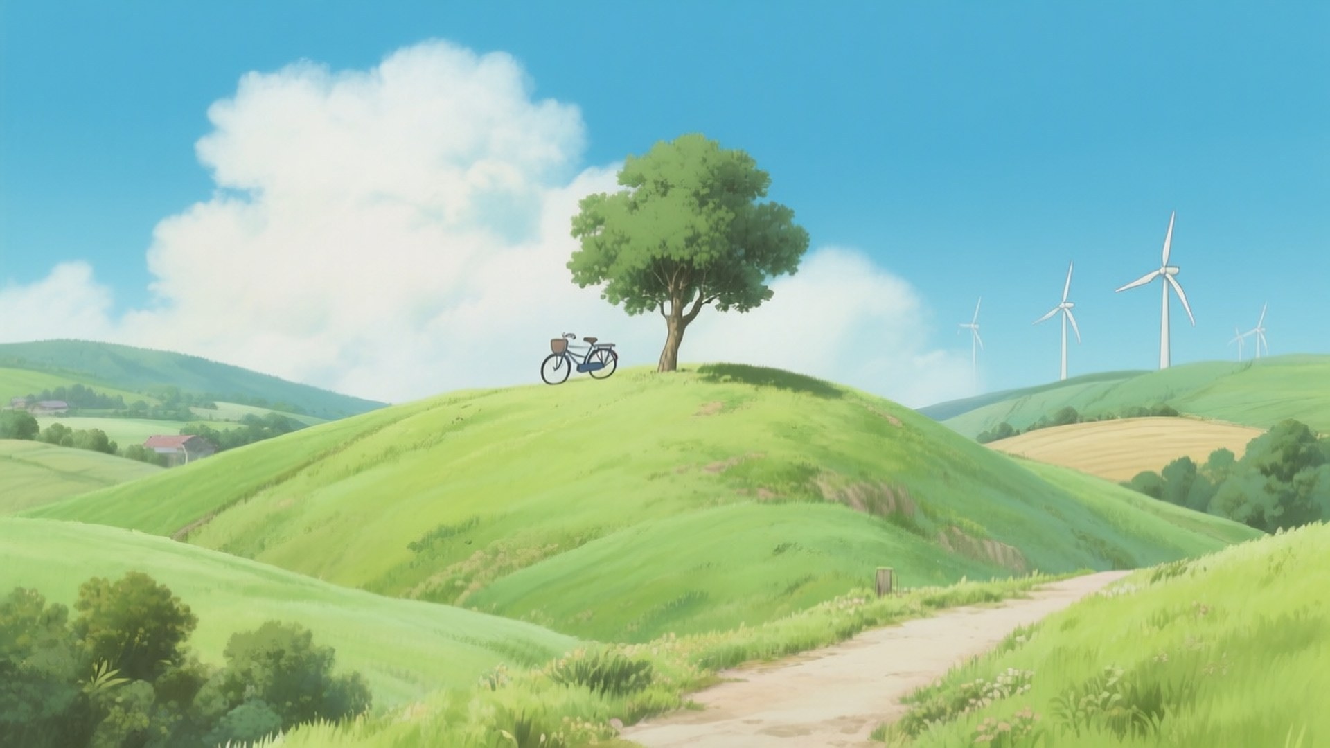 Rolling Hills Serenity 壁紙 — 一輛孤獨的腳踏車停在一棵樹旁，位於充滿活力的綠色山丘頂上，天空湛藍，有蓬鬆的雲朵和遠處的風力發電機。