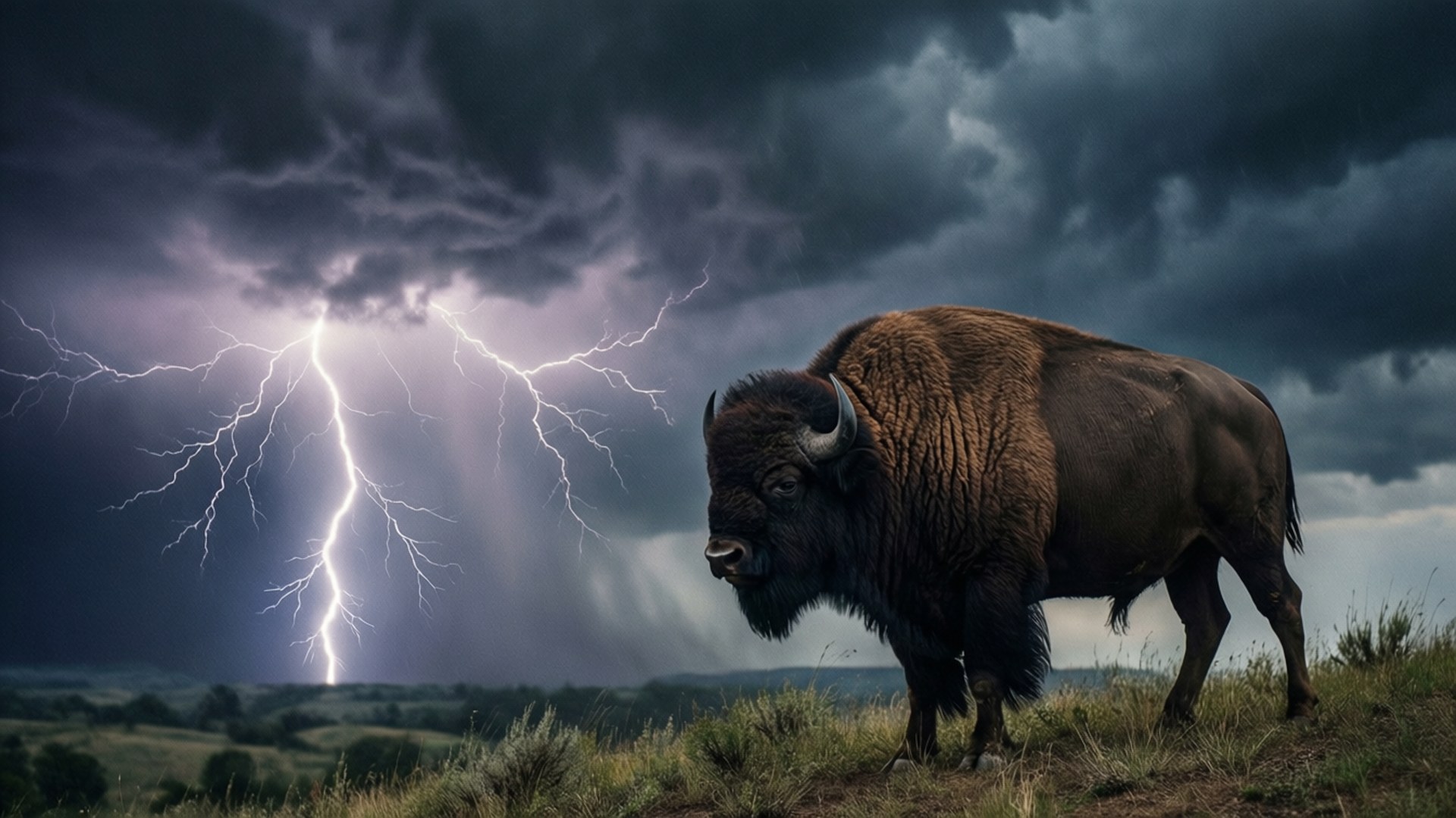 Buffalo in Thunderstorm 壁紙 — 一頭孤獨的野牛站在長滿草的山丘上，背後一道巨大的閃電劃破暴風雨的天空。