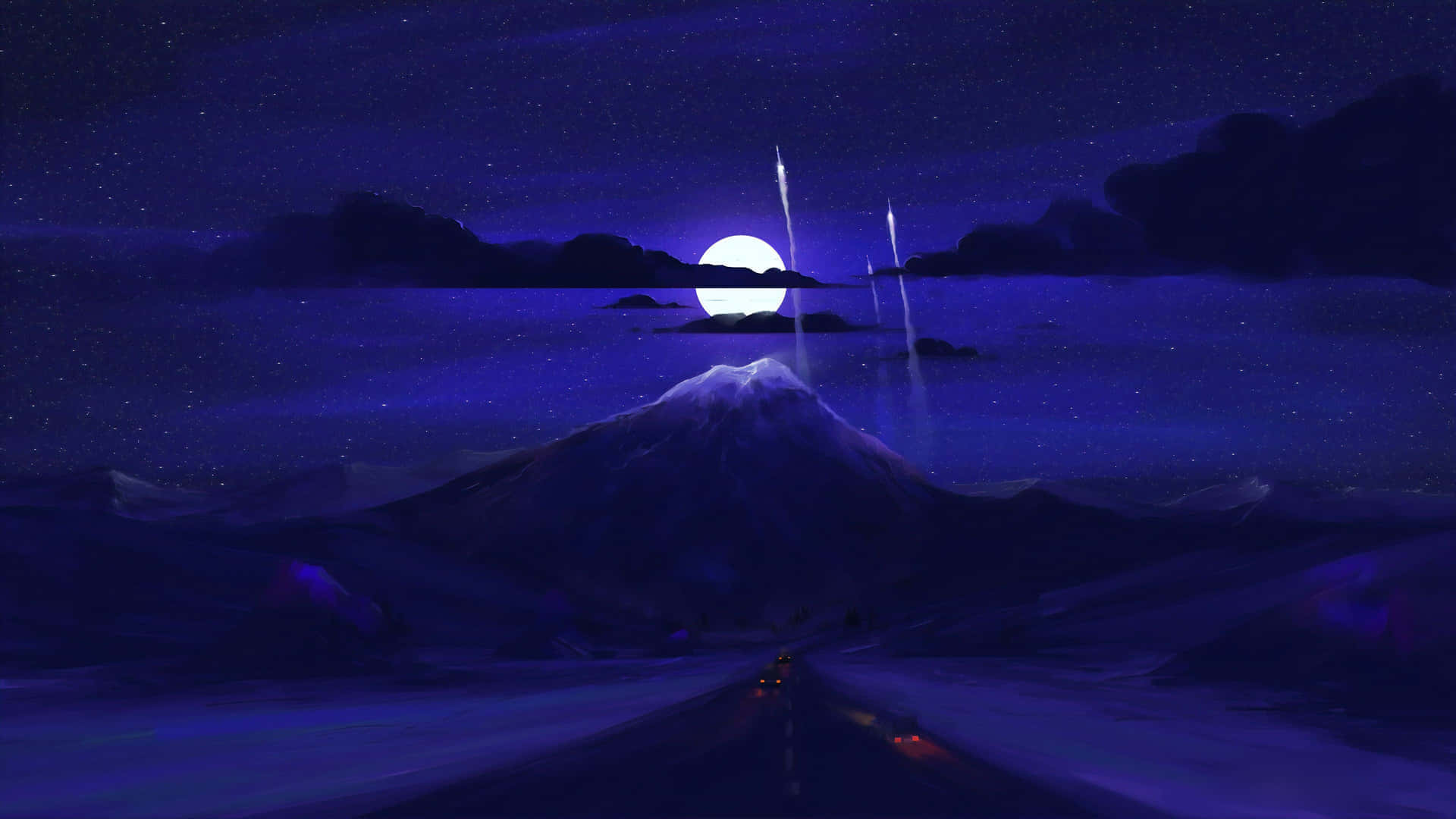  壁紙 — 一輛孤獨的汽車在繁星點點的夜空下，朝著一座積雪的山峰行駛，天空中有發光的月亮和流星。
