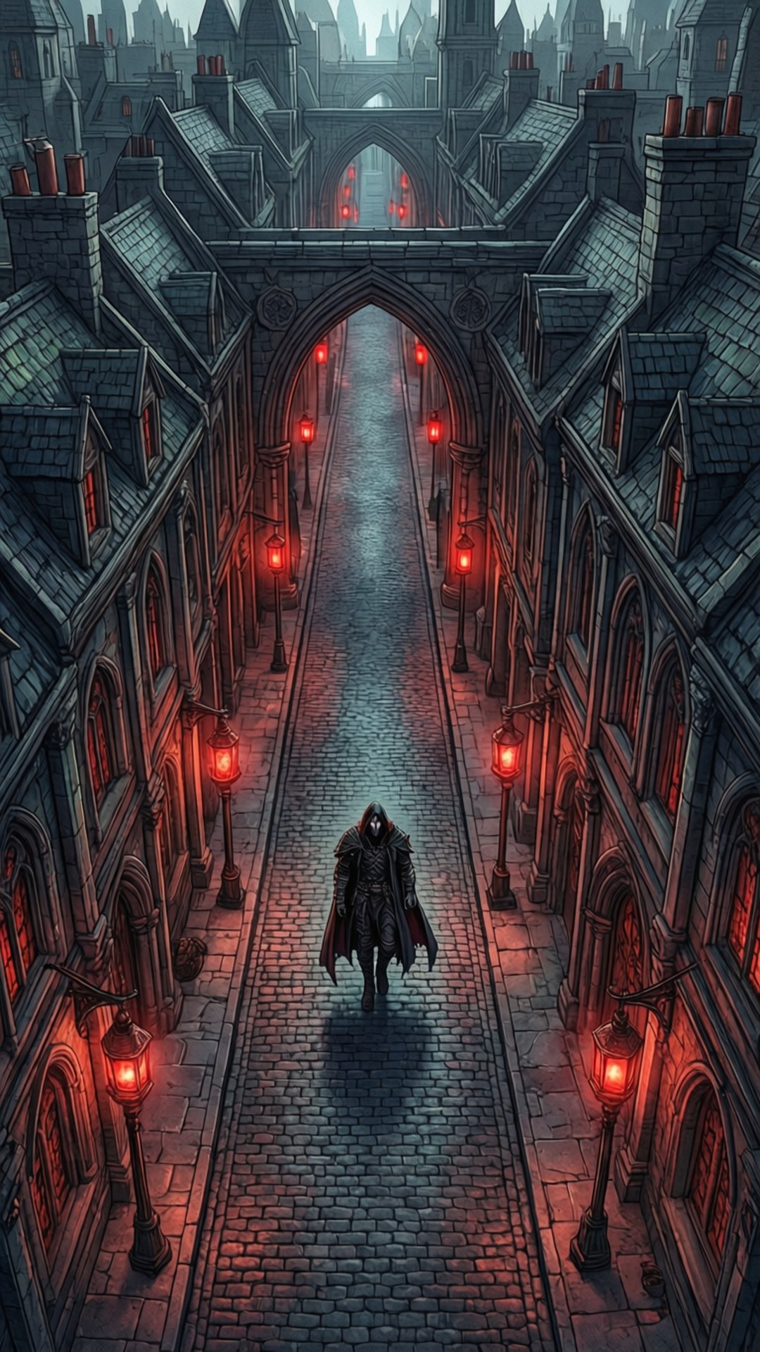 Labyrinth of Lanterns 壁紙 — 一個孤獨的披風身影沿著一條狹窄的鵝卵石街道行走，兩旁是哥德式建築，陰沉天空下由發光的紅色燈籠照亮。