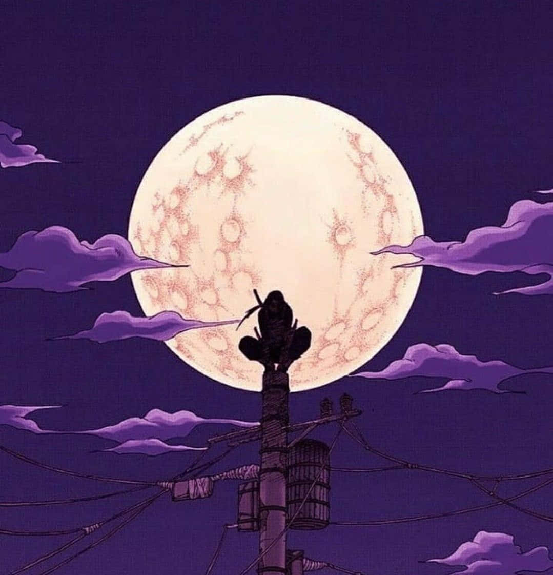  壁紙 — 一隻孤獨的烏鴉棲息在電線杆頂端，背景是巨大的發光月亮和紫色雲彩。