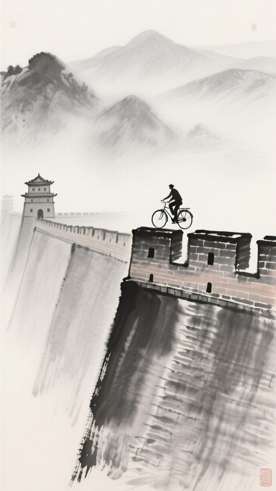 Ink Wash Rampart 壁紙 — 一位孤獨的騎單車者沿著古老的中國長城踩踏板，霧氣繚繞的山巒在遠方逐漸消失，呈現傳統水墨畫風格。