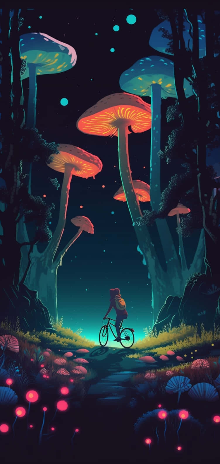  壁紙 — 一位孤獨的自行車騎士在夜晚穿過神秘的森林，森林被發光的蘑菇和漂浮的球體照亮。