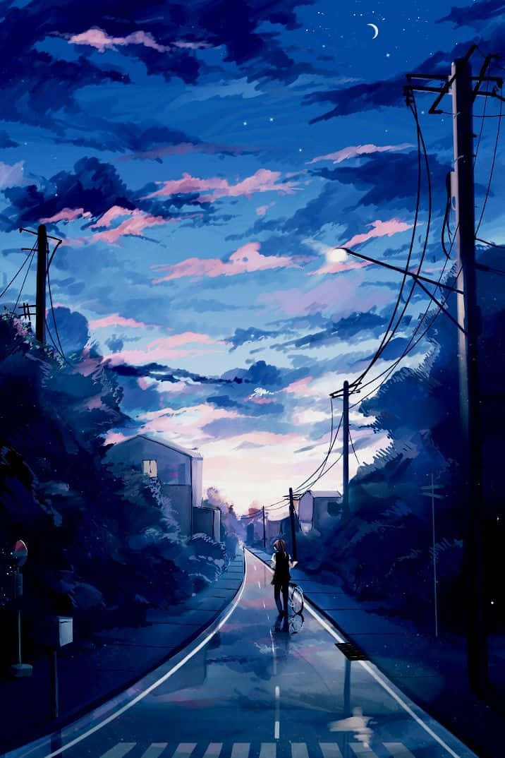 一個人帶著自行車，在暮色天空下沿著潮濕的道路行走，天空有粉紅色的雲彩和一彎新月。 — 高清動漫 壁紙