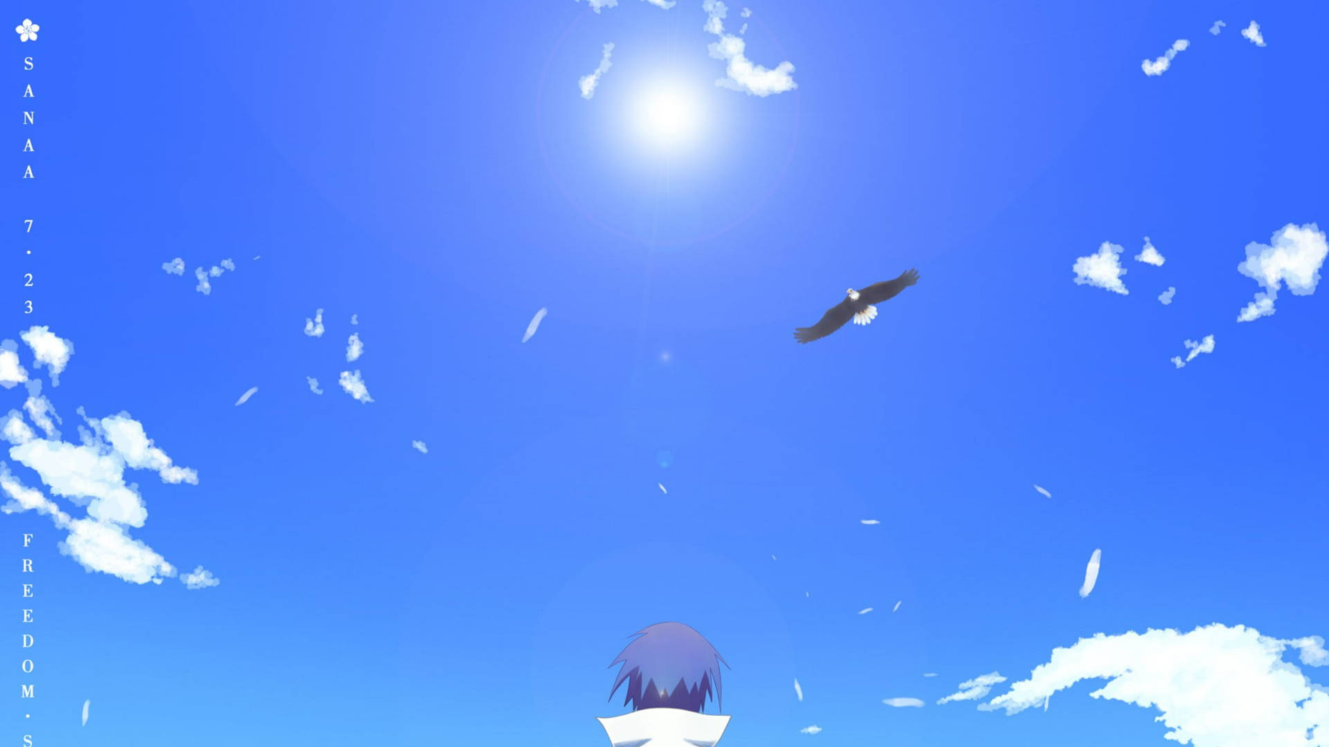 一個紫色頭髮的動漫角色仰望在明亮藍天中翱翔的鷹。 — Sasuke 壁紙