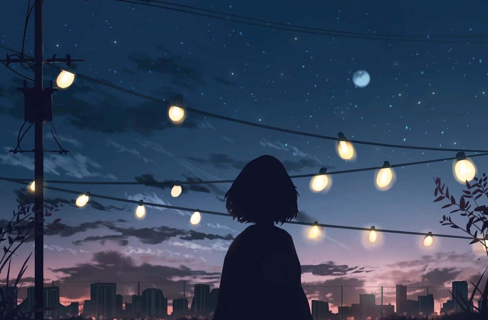 一個人在燈串下觀看城市上空的星空夜晚的剪影。 — 高清動漫 壁紙