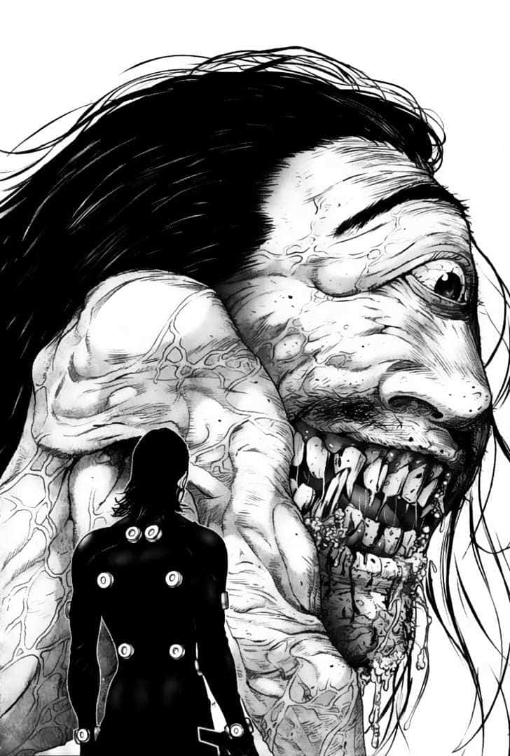 Masaru Kato 桌布 壁紙 — 一個孤獨的身影穿著黑色西裝，站在一個有著尖牙和亂髮的怪誕面孔前，這是一幅鮮明的黑白插圖。