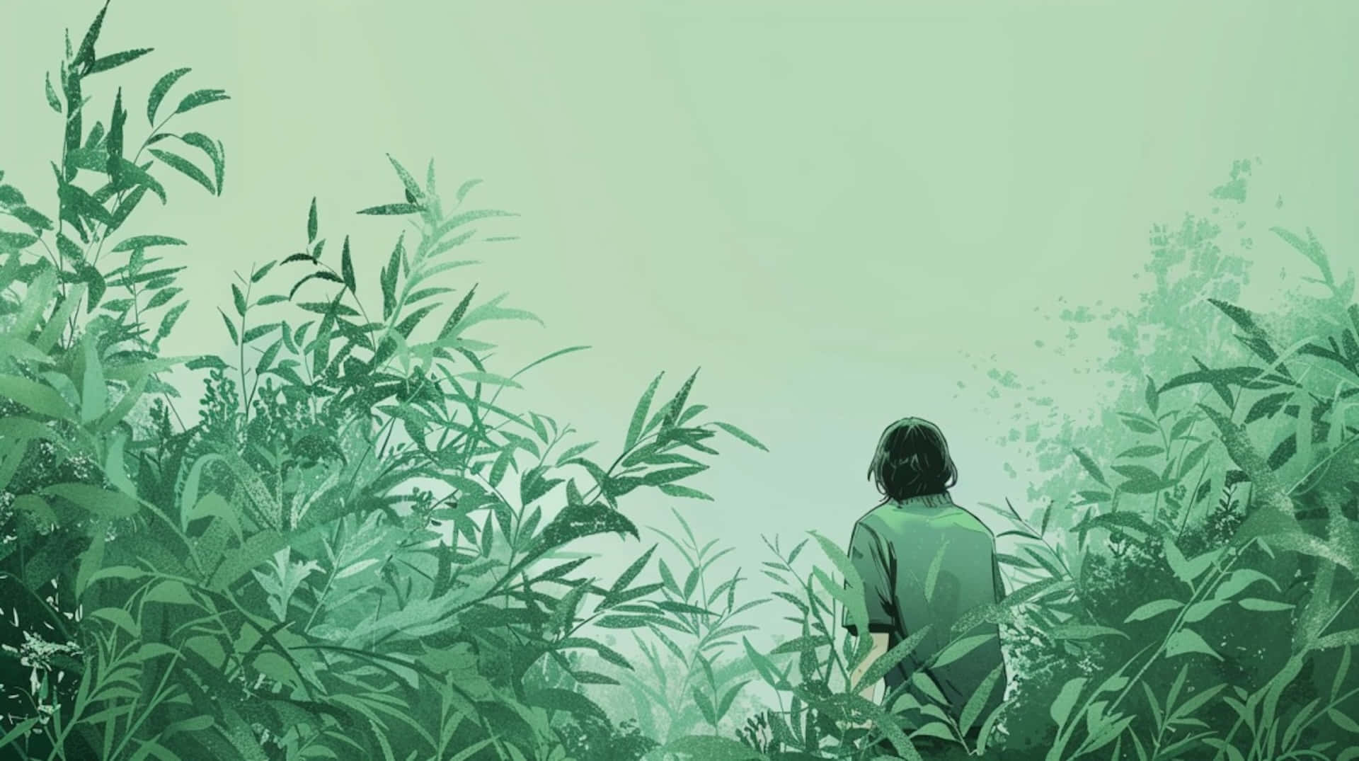  壁紙 — 一個穿著綠色襯衫的孤獨身影站在高大的竹子中，凝視著朦朧的綠色遠方。