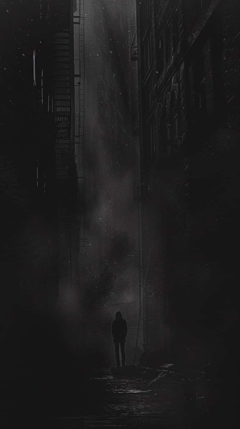  壁紙 — 一個戴帽子的孤獨身影，站在霧氣籠罩的夜空下，高聳黑暗建築之間一條狹窄濕滑的巷子裡。