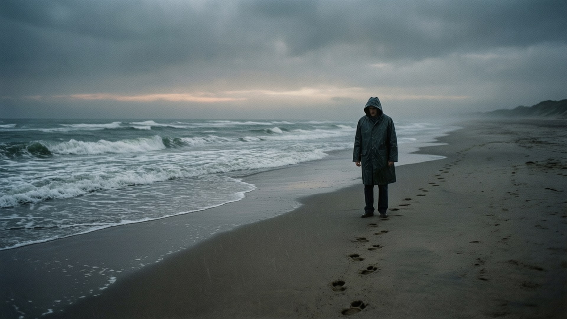 m night shyamalan 桌布 壁紙 — 一個孤獨的身影穿著連帽外套，沿著暴風雨的海灘行走，在濕沙上留下腳印，海浪在陰沉天空下拍打。