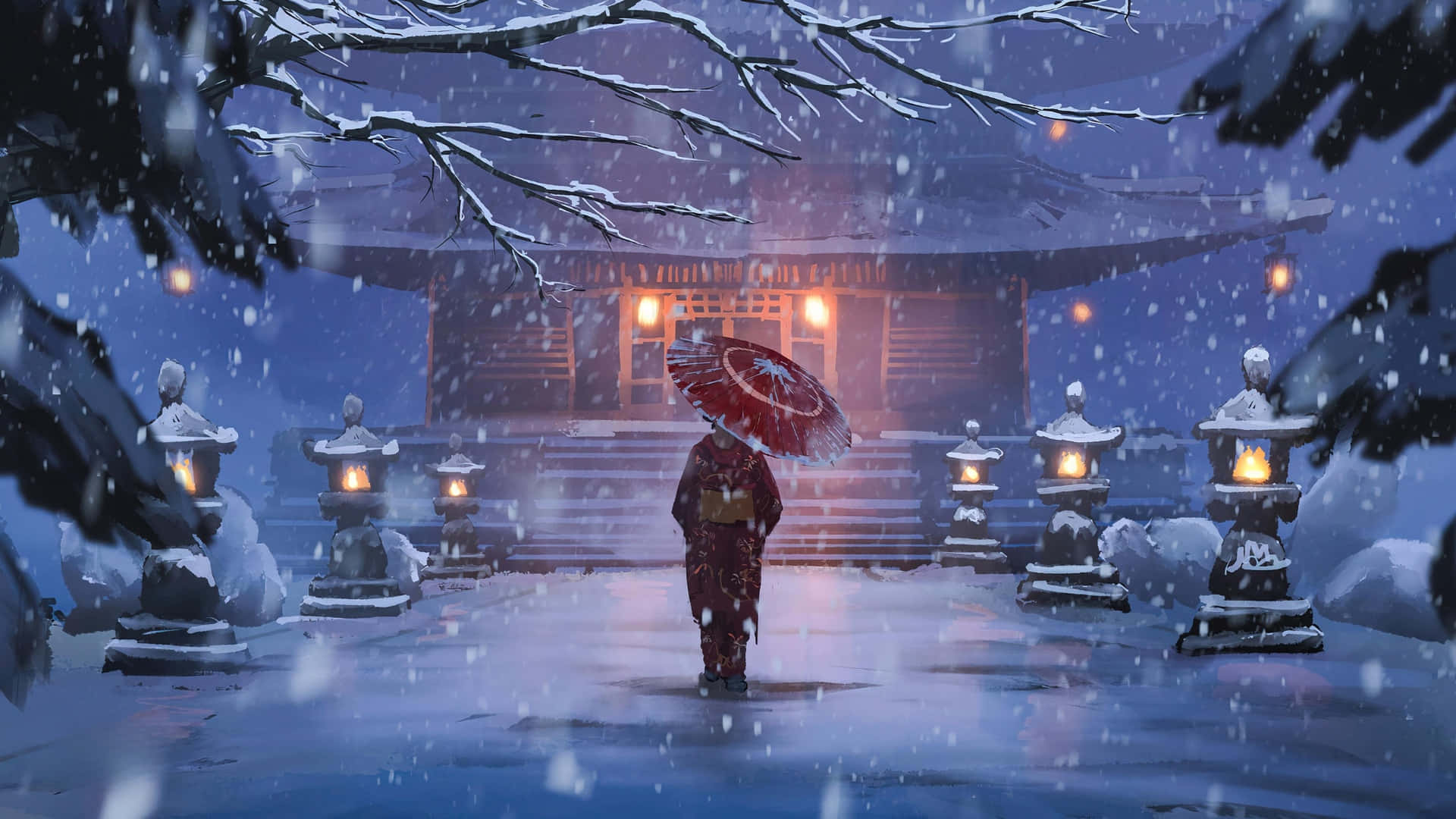  壁紙 — 一個孤獨的身影撐著紅傘，在飄雪中走向被溫暖燈籠照亮的雪覆蓋的日本神社。