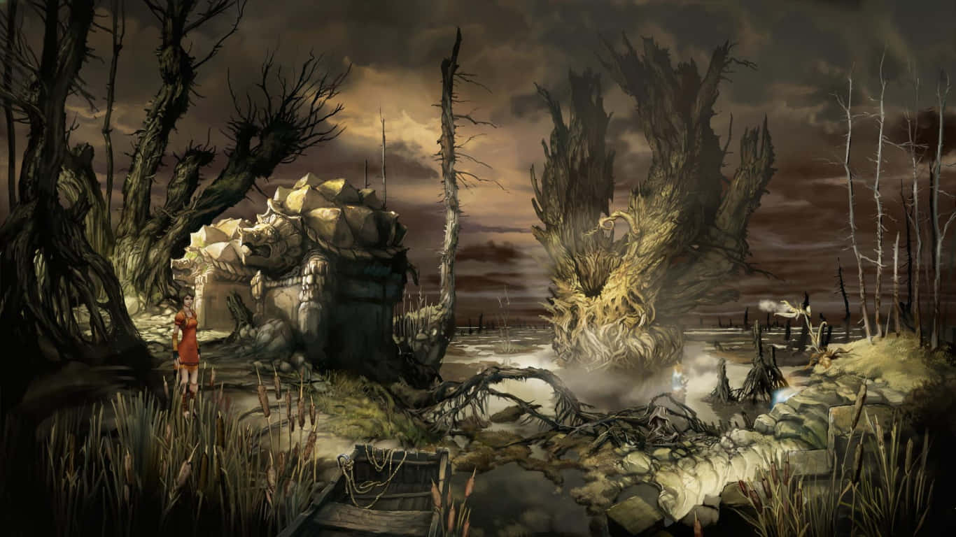 Dark Tales 桌布 壁紙 — 一個孤獨的紅色身影站在一座 crumbling 的石頭建築前，周圍是荒涼的沼澤，有扭曲的樹木和詭異發光的真菌，天空是風暴般的暮色。