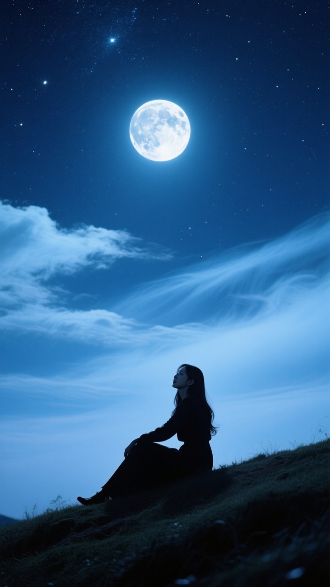 Starry Night Taeyeon 壁紙 — 一個孤獨的身影坐在長滿草的山丘上，剪影般仰望明亮的滿月，背景是繁星點點的深藍夜空和縷縷薄雲。