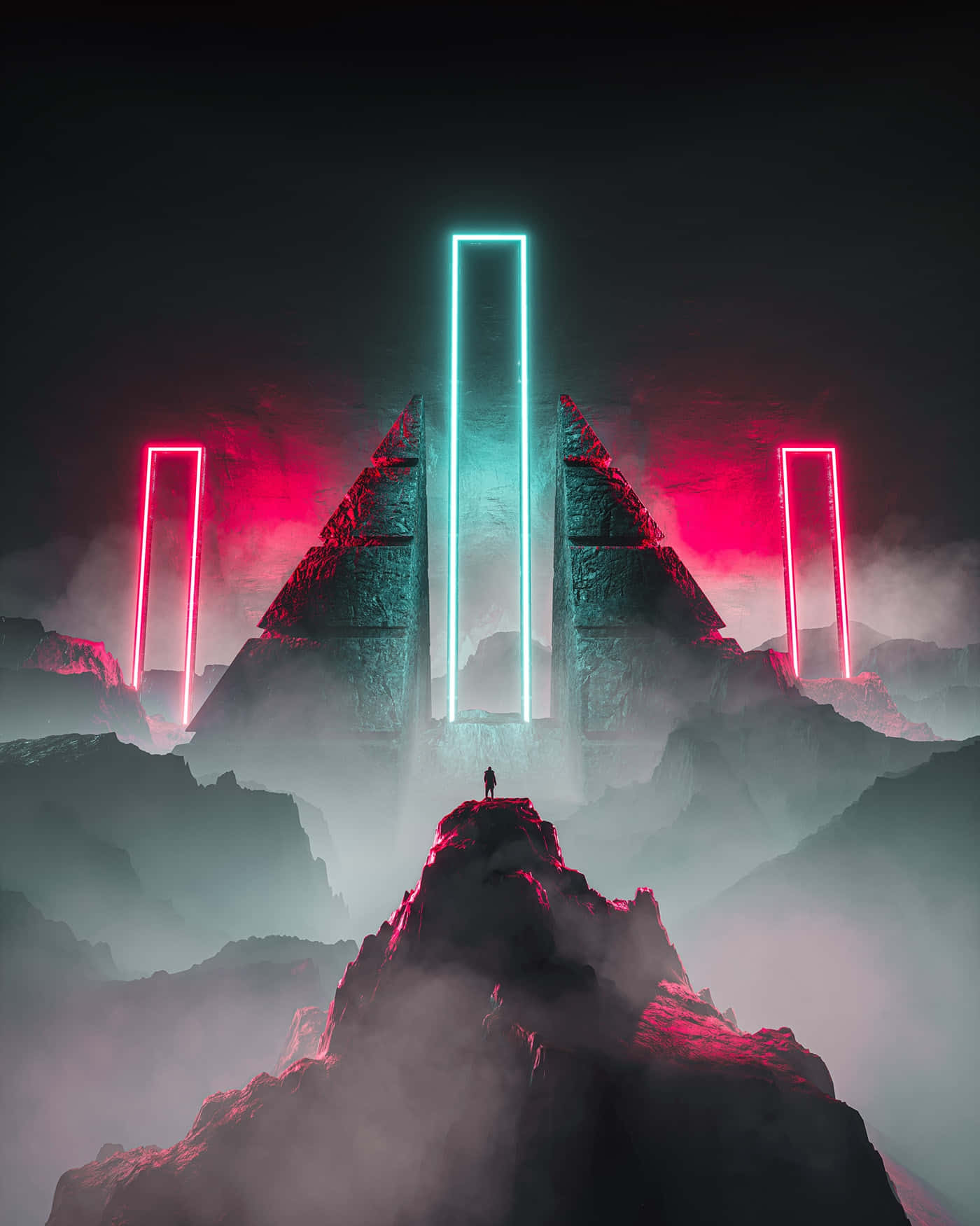  壁紙 — 一個孤獨的身影站在霧氣籠罩的山頂上，面對著在黑暗天空下從崎嶇山峰升起的發光霓虹巨石。
