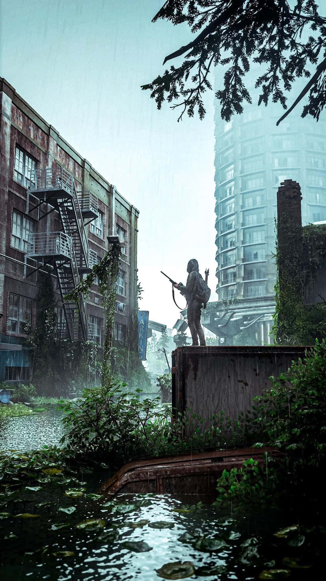  壁紙 — 一個孤獨的身影站在廢墟頂端，身處被雨水浸透、藤蔓和積水覆蓋的城市荒地。