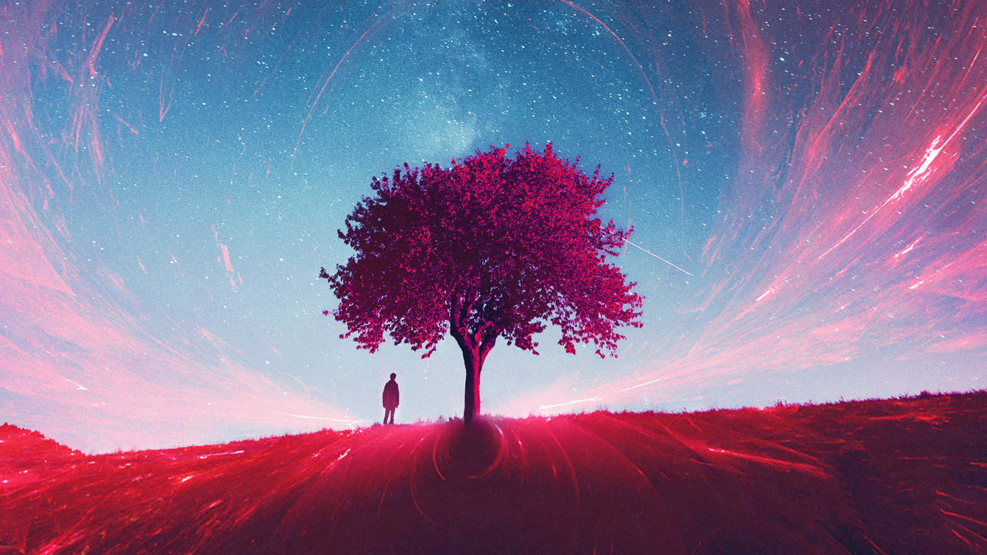 一個人在漩渦狀星空下，站在紅色田野上發光的樹下。 — 4K 壁紙