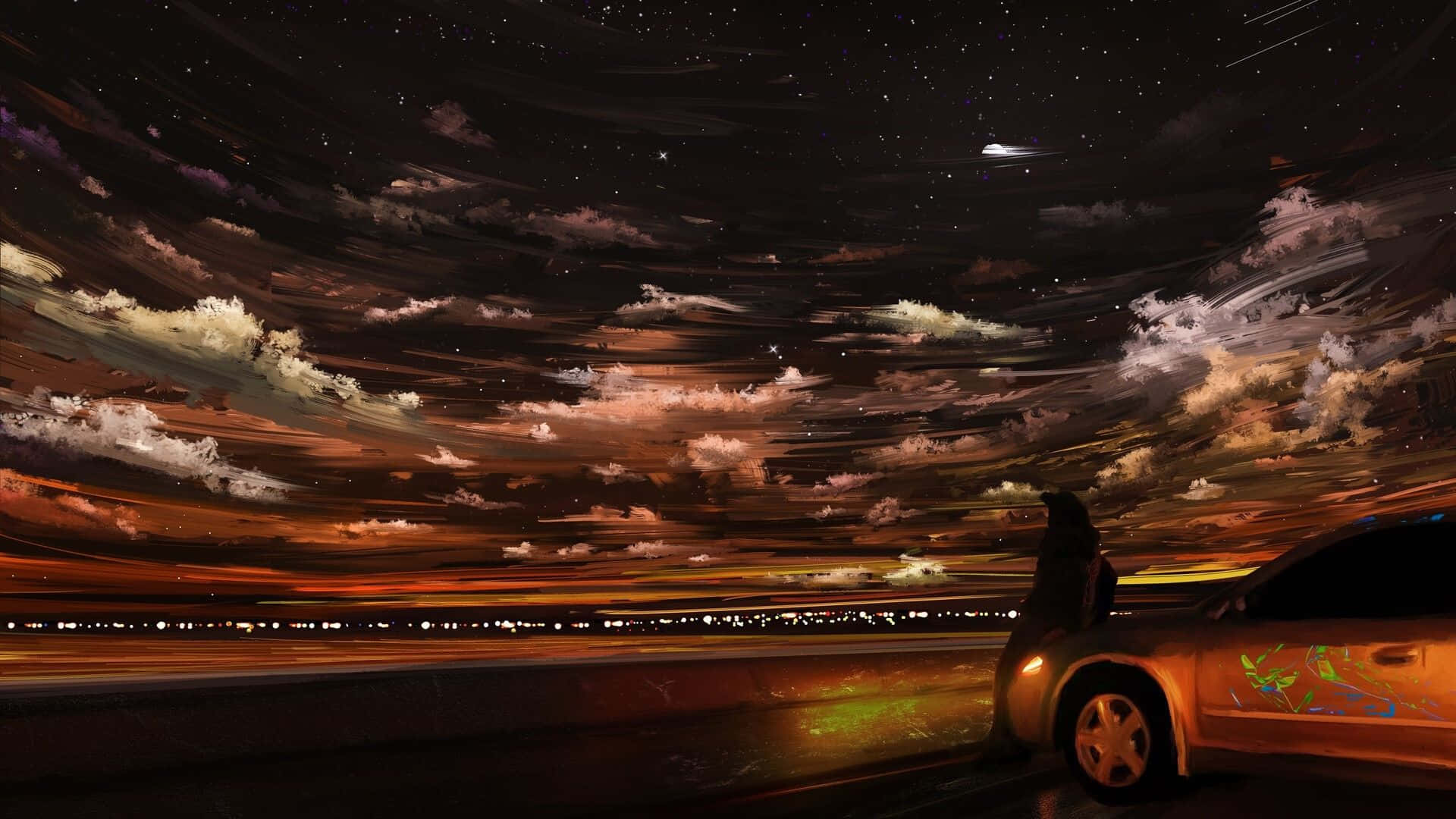  壁紙 — 一個孤獨的身影站在一輛汽車旁邊，背景是戲劇性的星空，有條紋狀的雲彩和遠處的城市燈光。