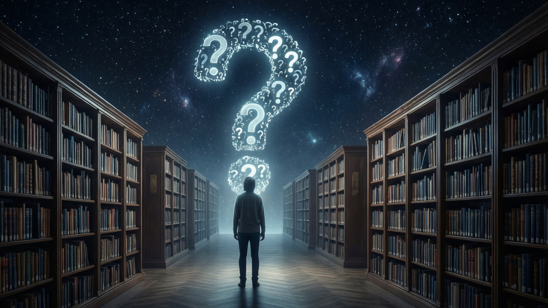 Question Everything 桌布 壁紙 — 一個孤獨的身影站在星光燦爛的圖書館走廊，面對一個由浮動問號組成的發光問號。